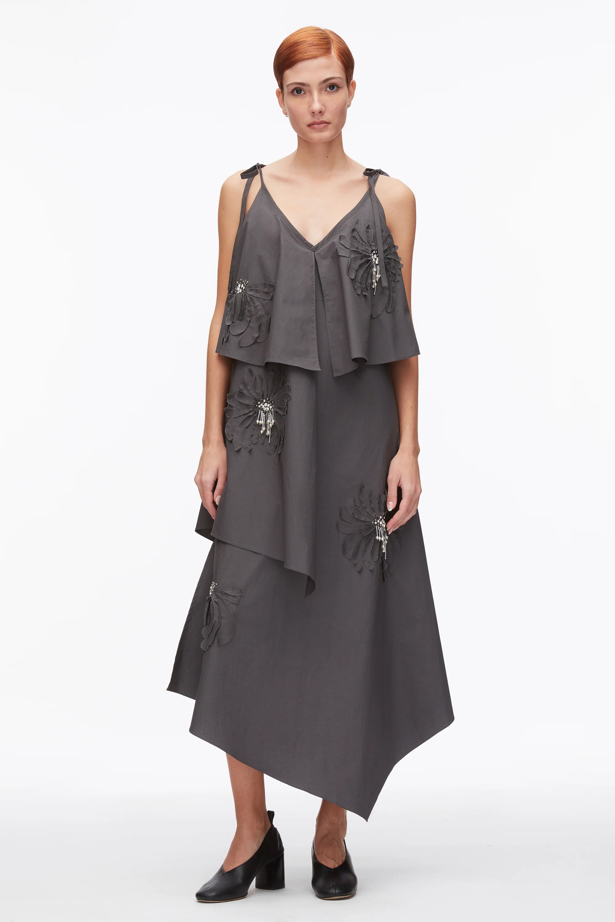 Layered Midi Dress with Floral Appliqué