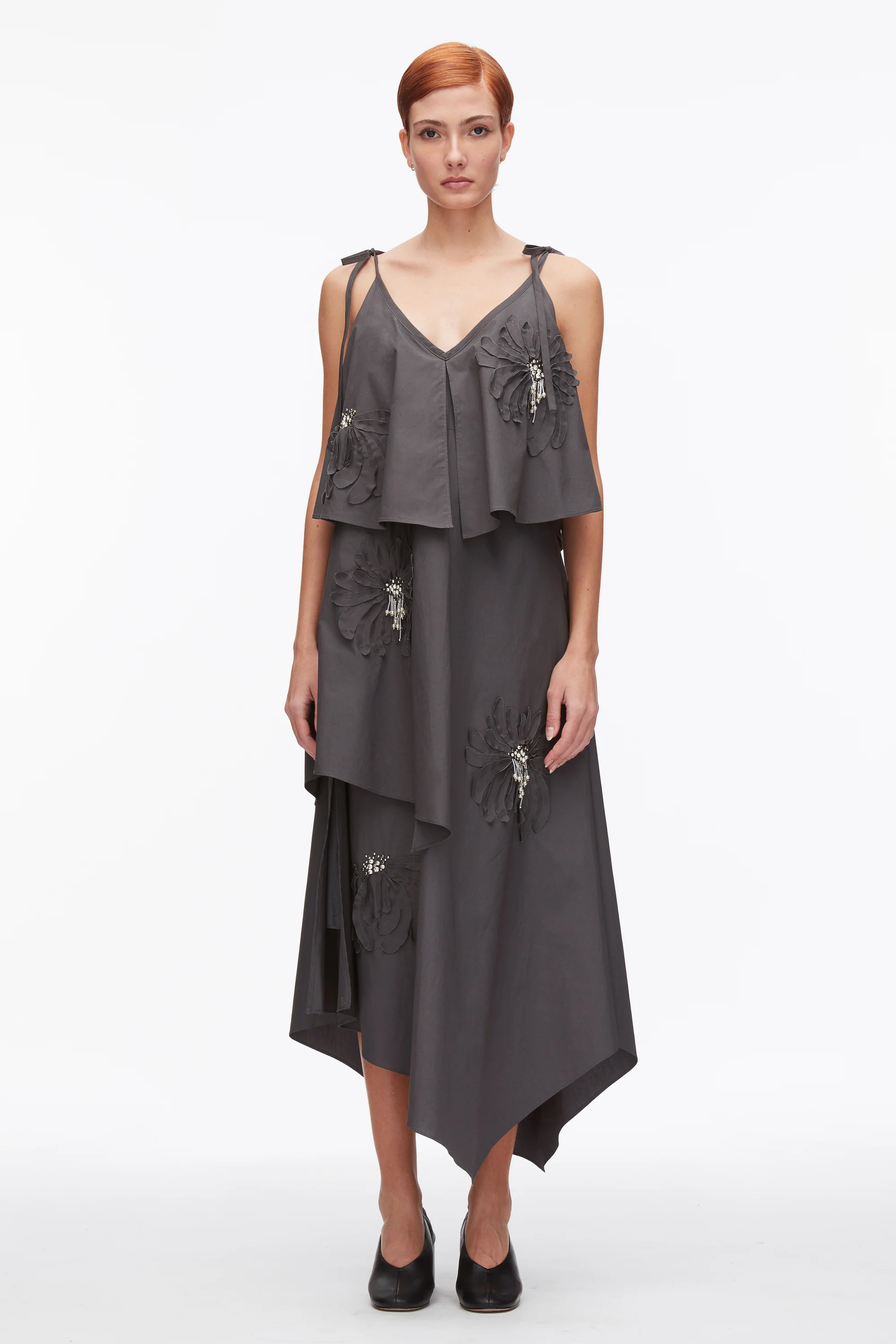 Layered Midi Dress with Floral Appliqué - Image 2