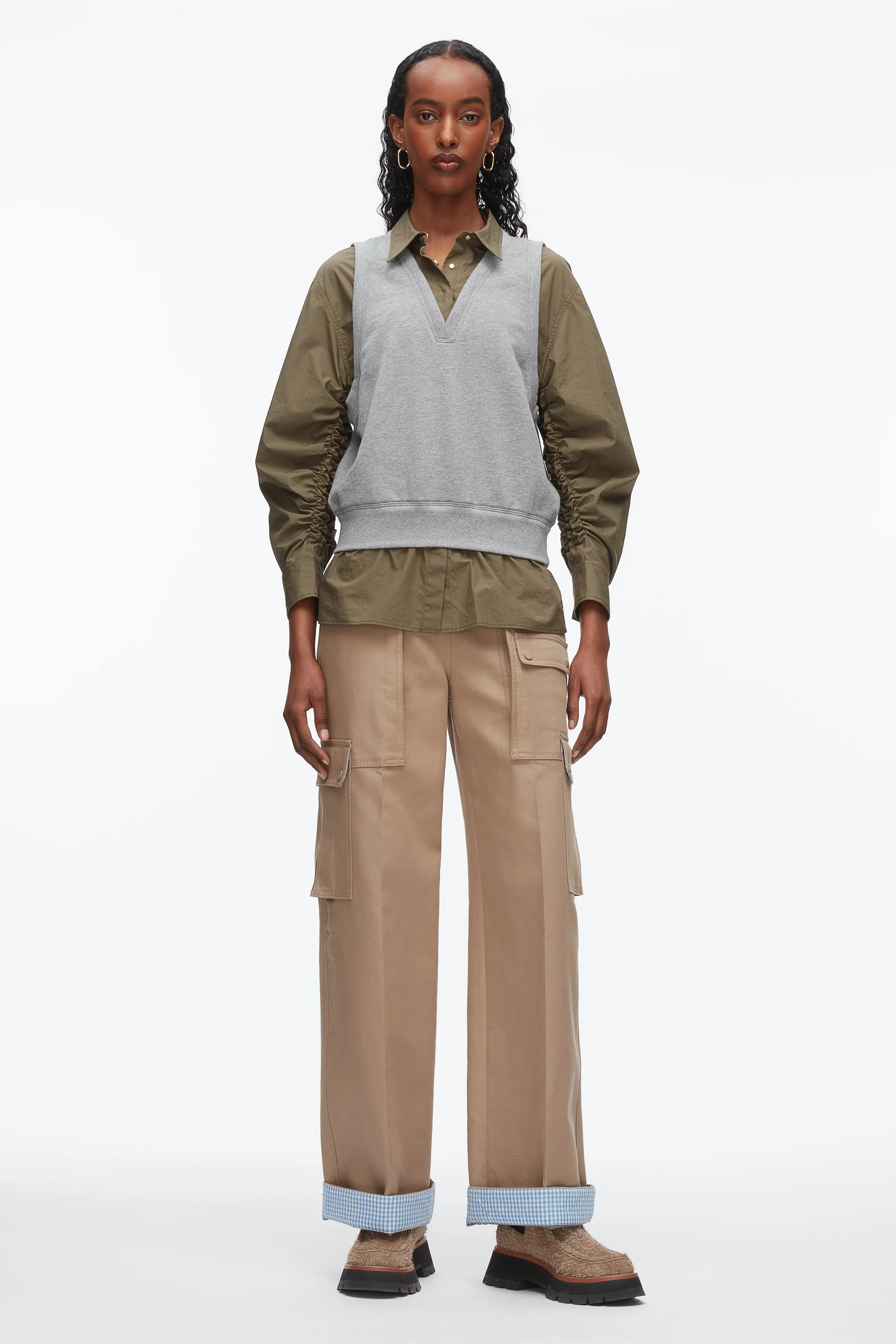Layered Vest Ruched Sleeve Shirt - Image 7