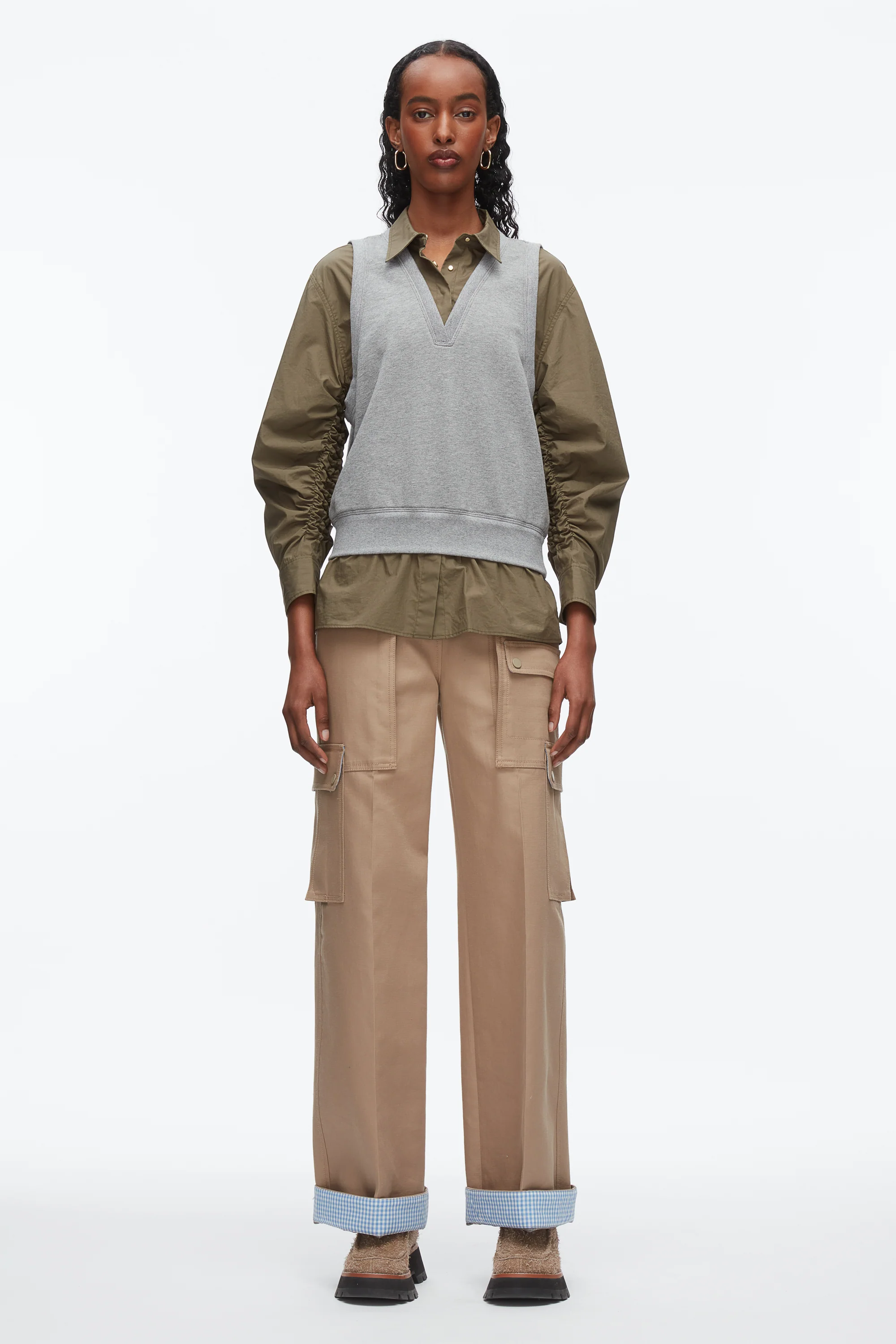Layered Vest Ruched Sleeve Shirt - Image 8