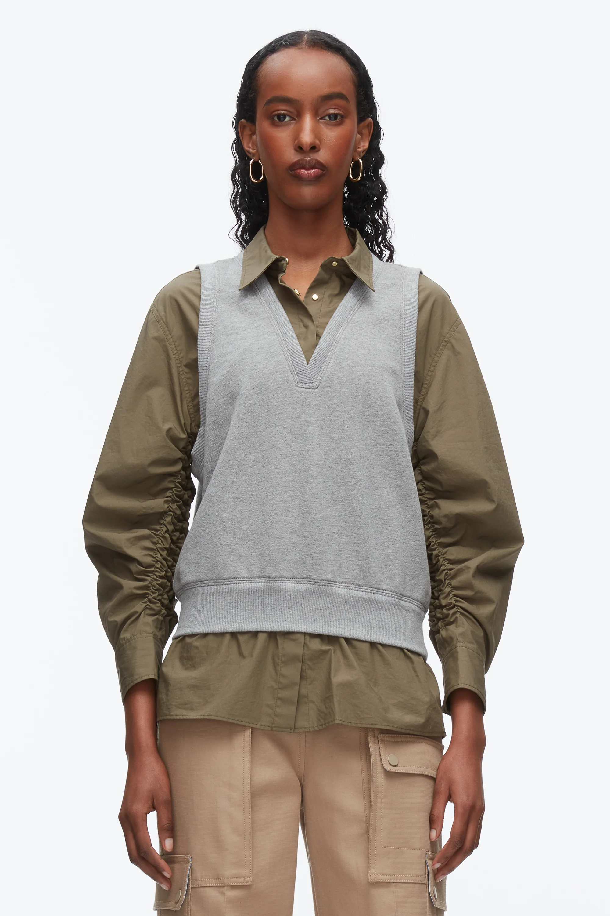 Layered Vest Ruched Sleeve Shirt - Image 9