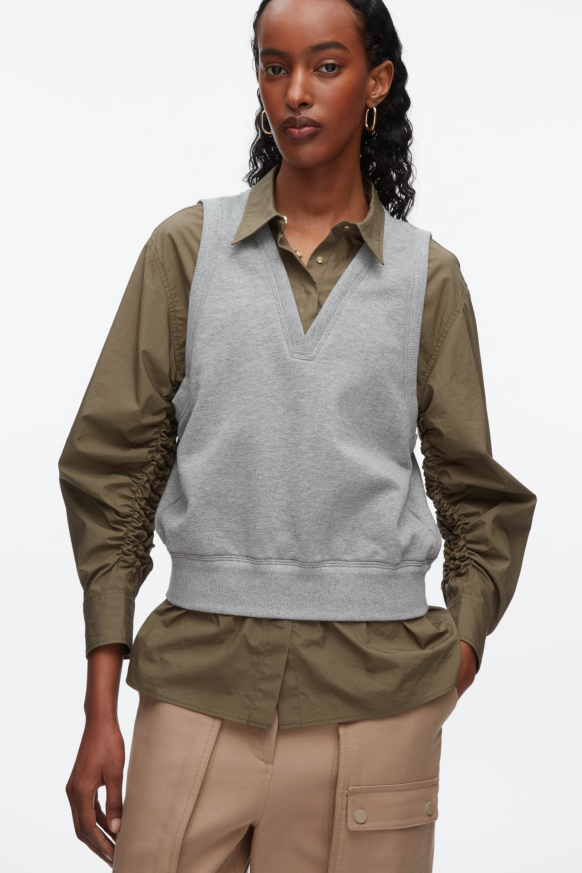 Layered Vest Ruched Sleeve Shirt - Image 12