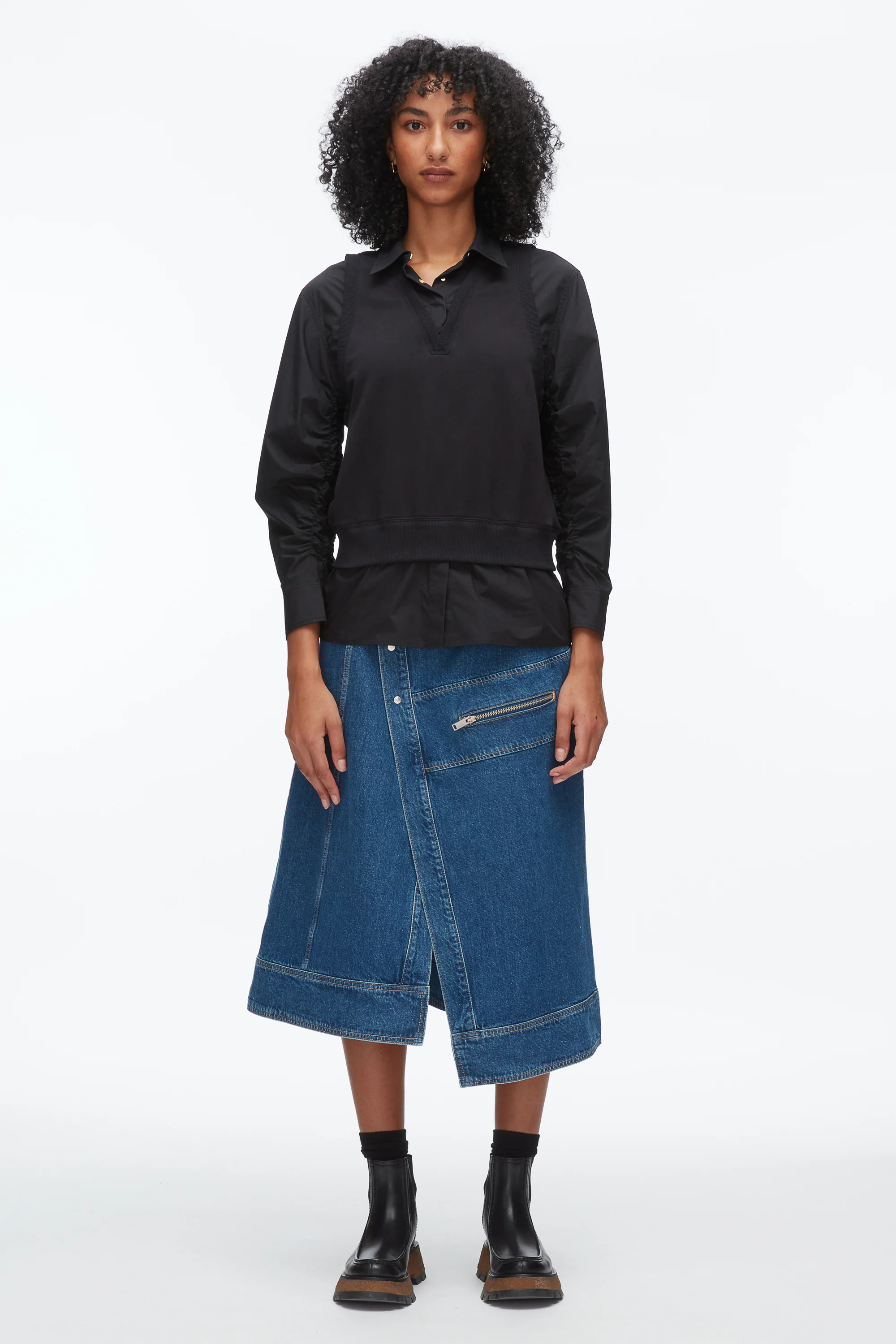 Layered Vest Ruched Sleeve Shirt - Image 2