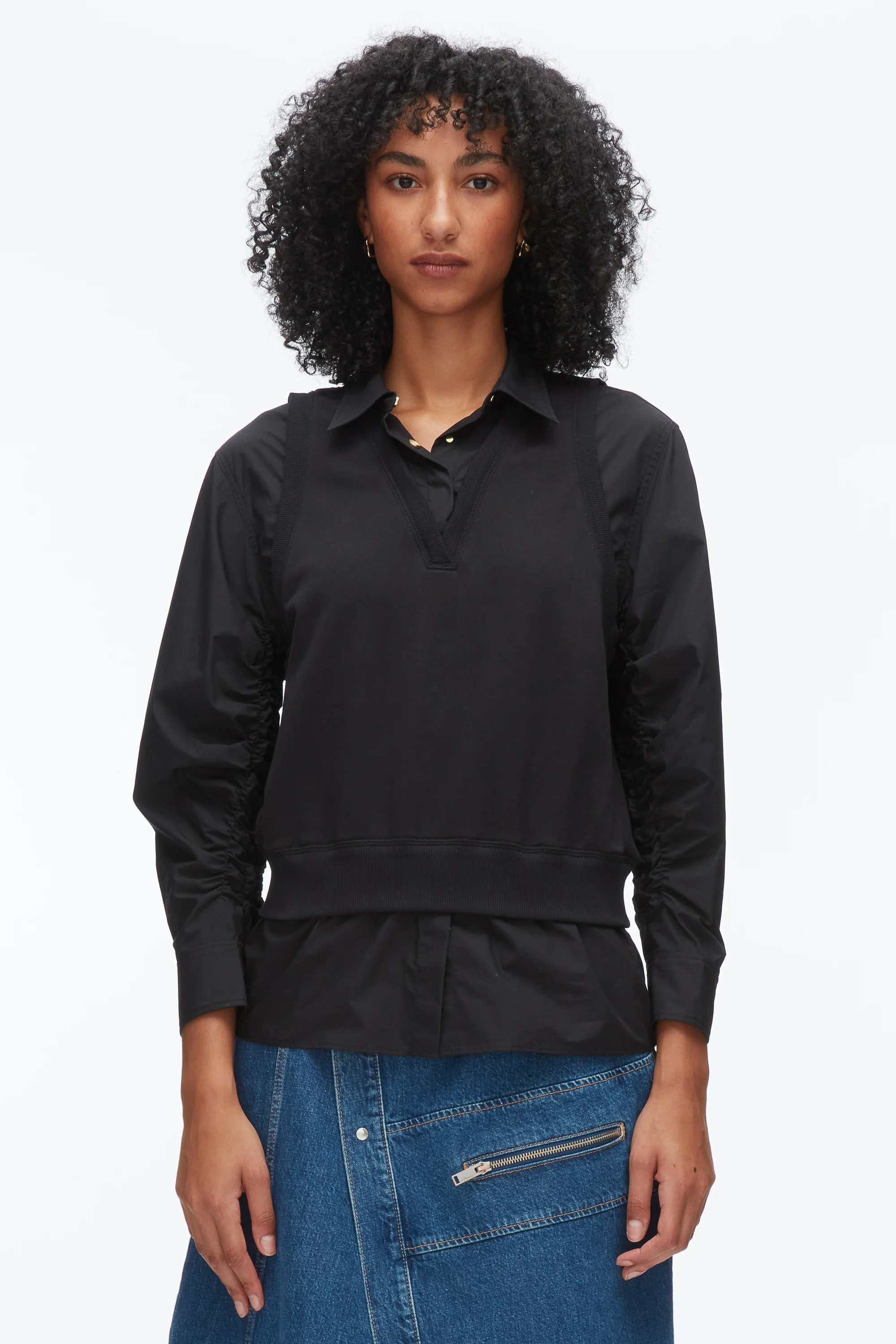 Layered Vest Ruched Sleeve Shirt - Image 3