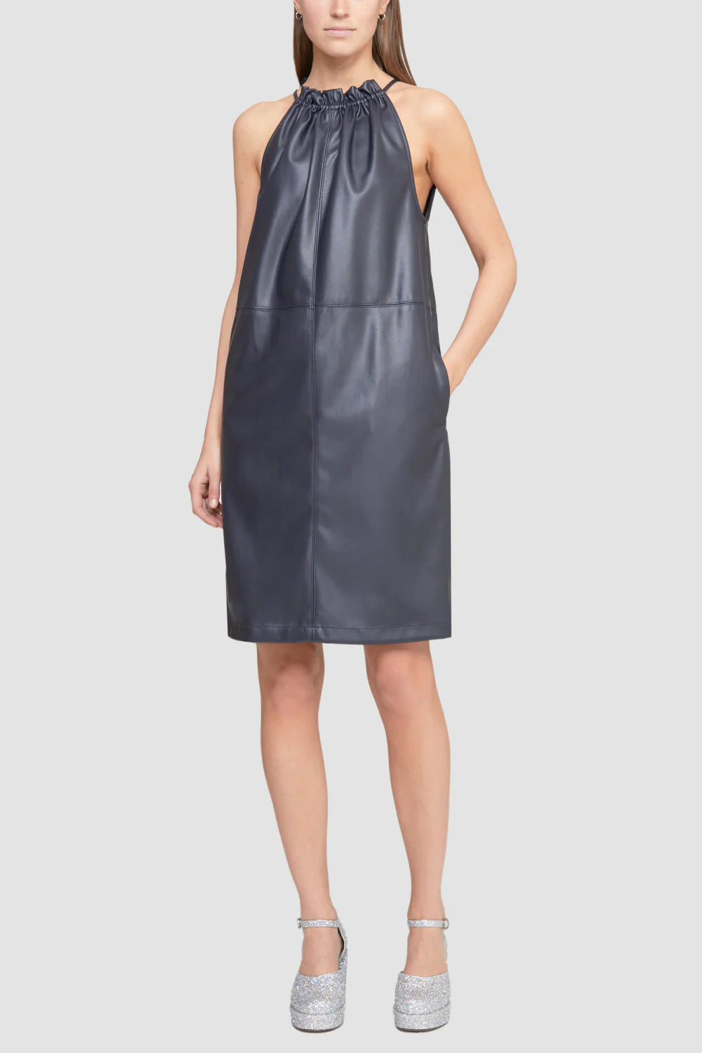 Leather Alternative Cinched Neck Dress