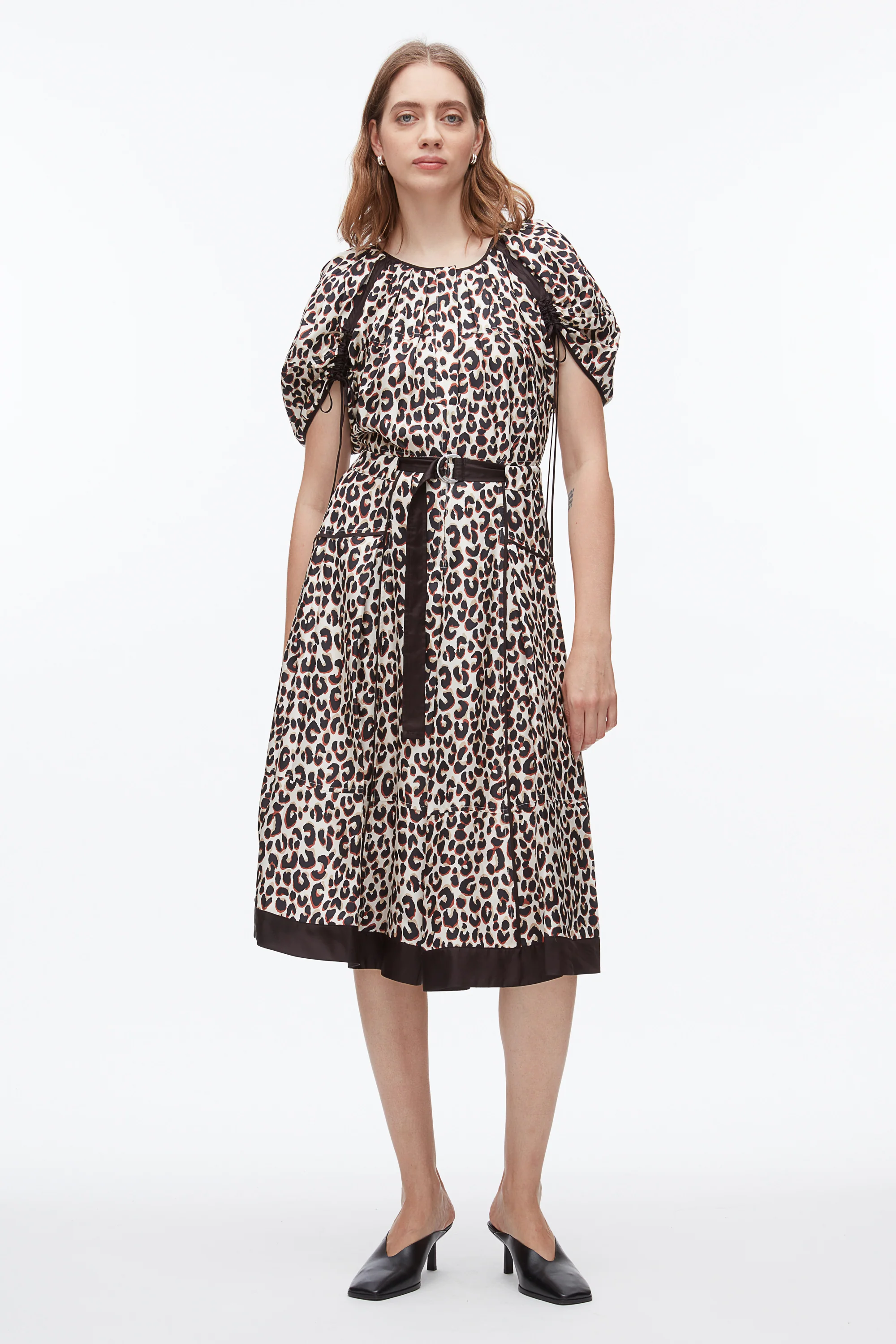 Leopard Ruched Sleeve Midi Dress
