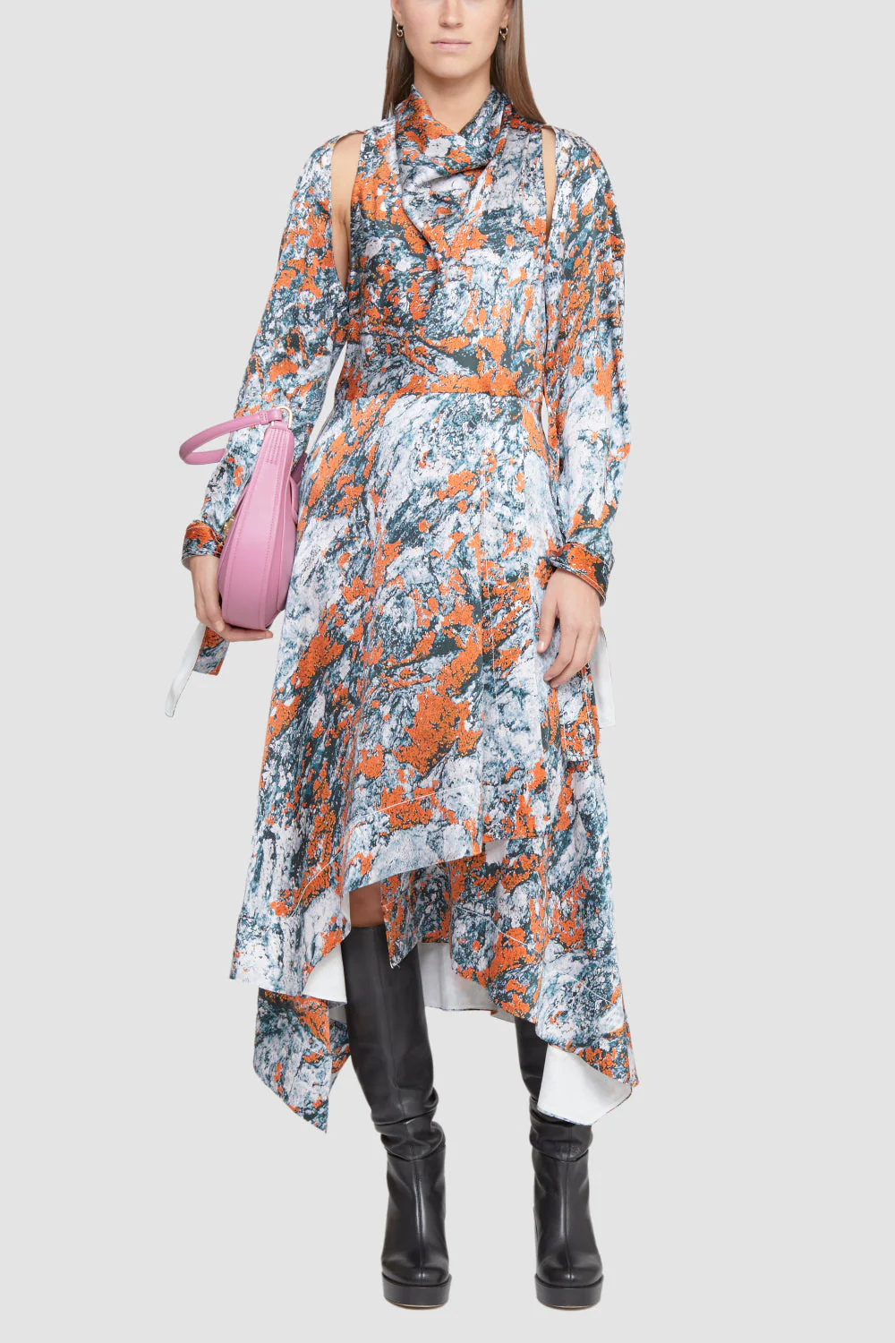 Lichen Bloom Hammered Silk Long Sleeve Cowl Dress