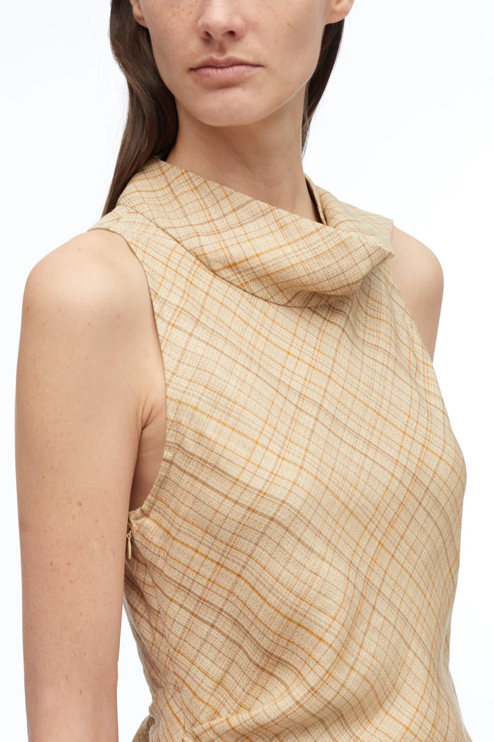 Linen Plaid Sleeveless Draped Top - Image 3