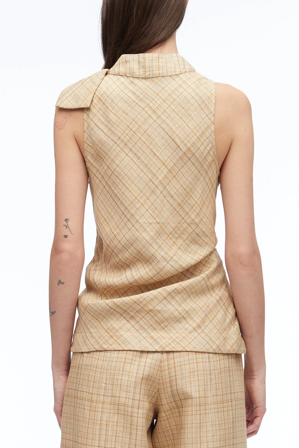 Linen Plaid Sleeveless Draped Top - Image 5