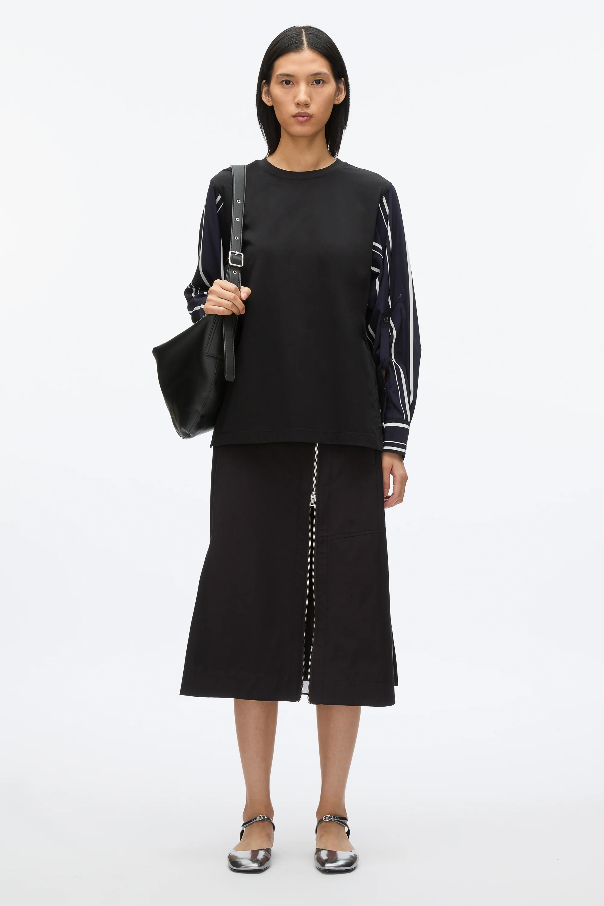 Long Sleeve Tee with Stripe Shirting Sleeves - Image 2