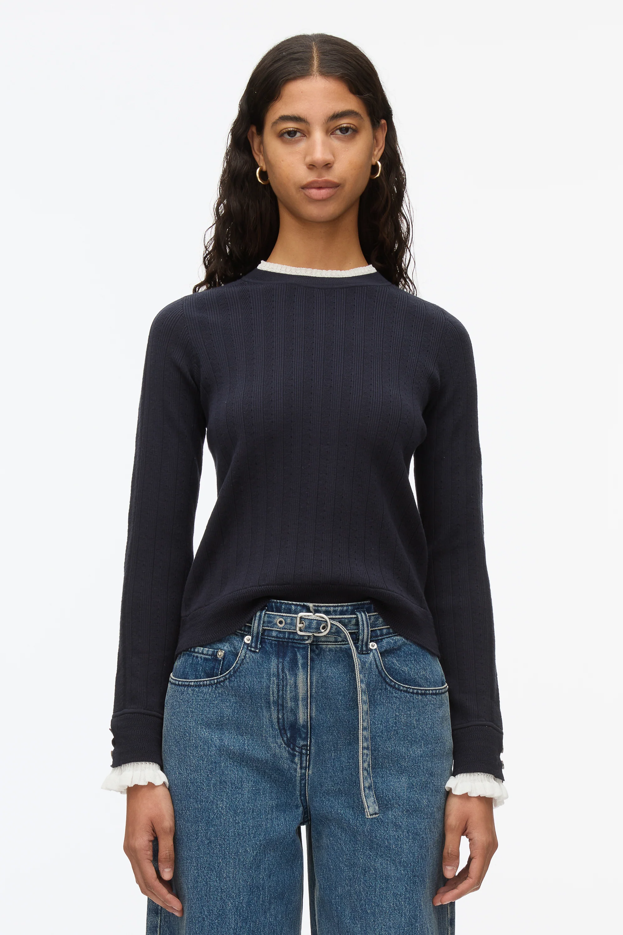 Fluid Rib Sweater with Ruffle Cuff - Image 3