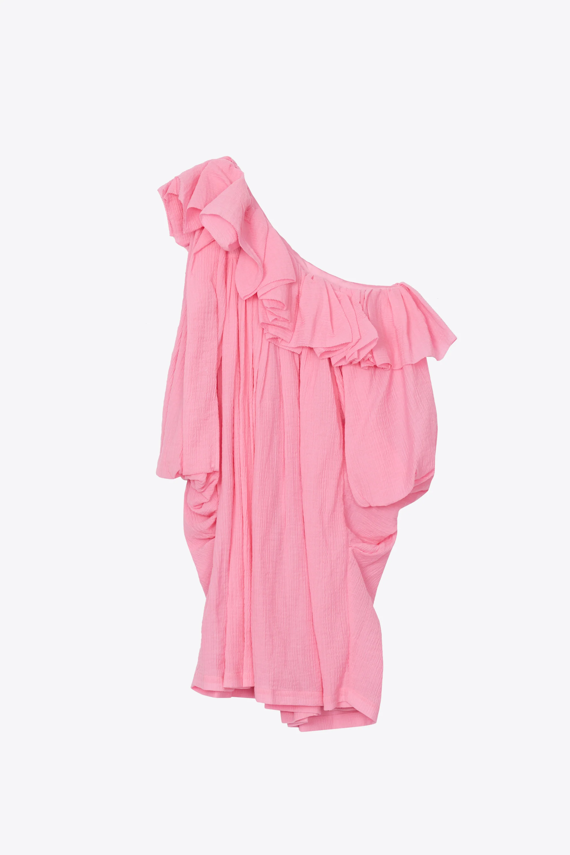 Long Sleeve Plisse Voile Ruffle Drape Voluminous Dress