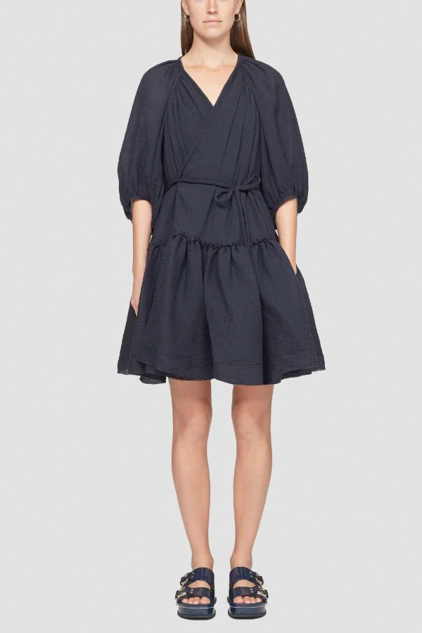 Long Sleeve Plisse Voile Wrap Dress - Image 2