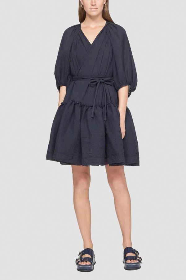 Long Sleeve Plisse Voile Wrap Dress - Image 3