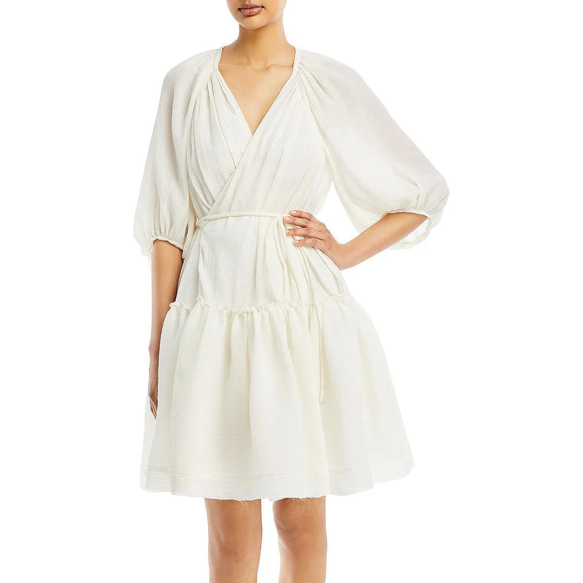 Long Sleeve Plisse Voile Wrap Dress - Image 5