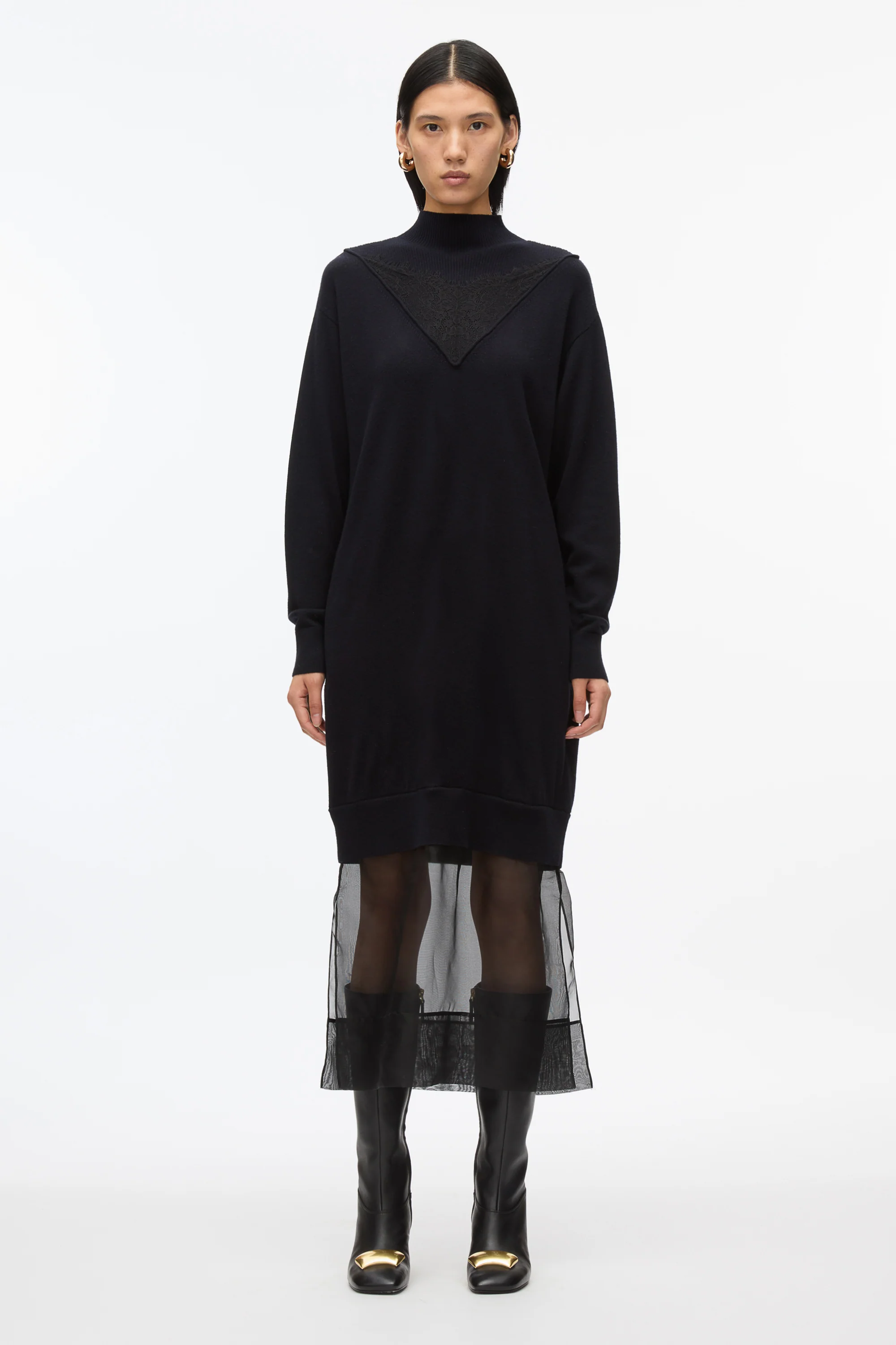 Mockneck Knit Dress with Lace Inlay - Image 2