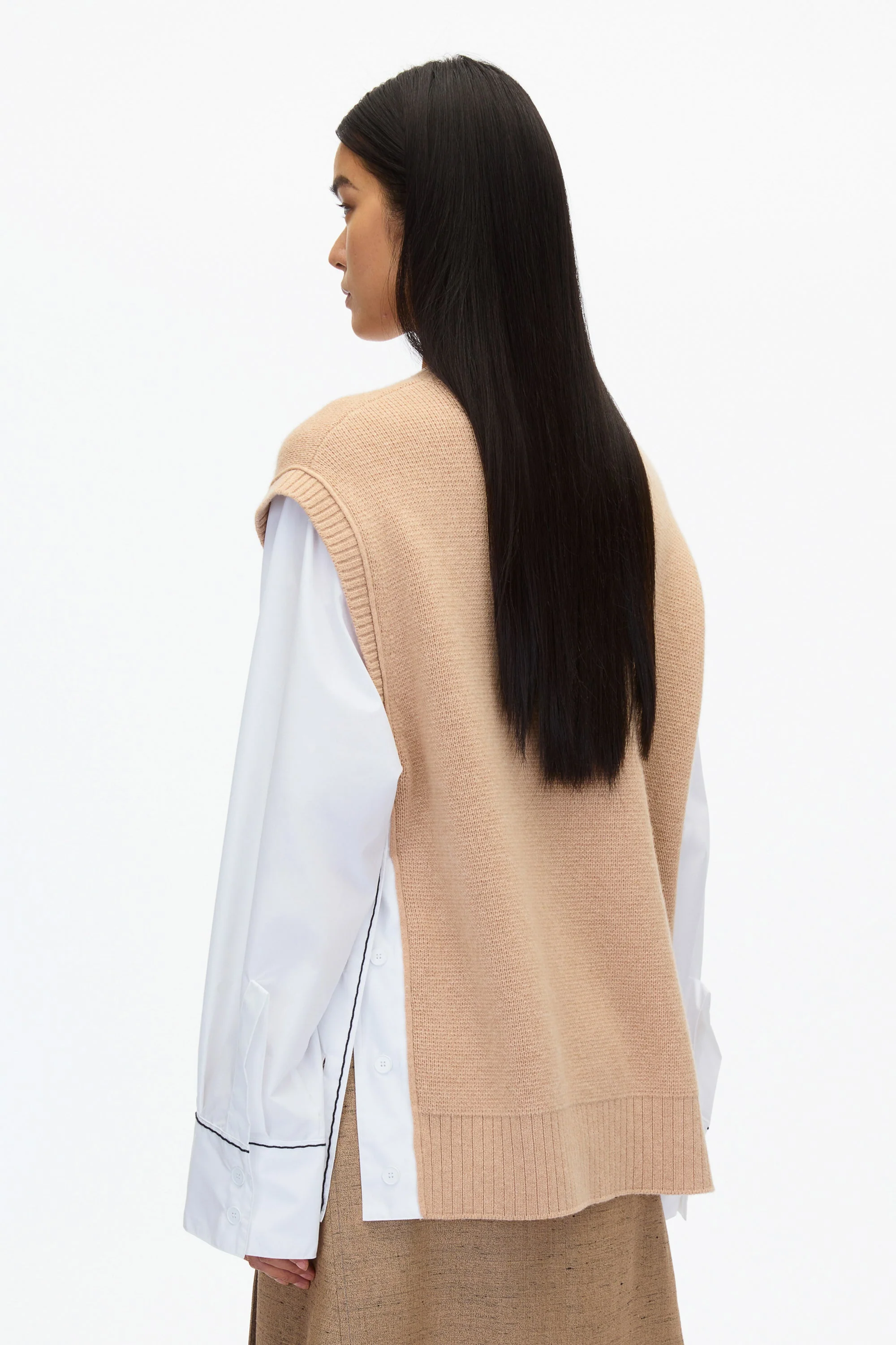 Oversized Knit Vest with Poplin Sleeves - Image 10