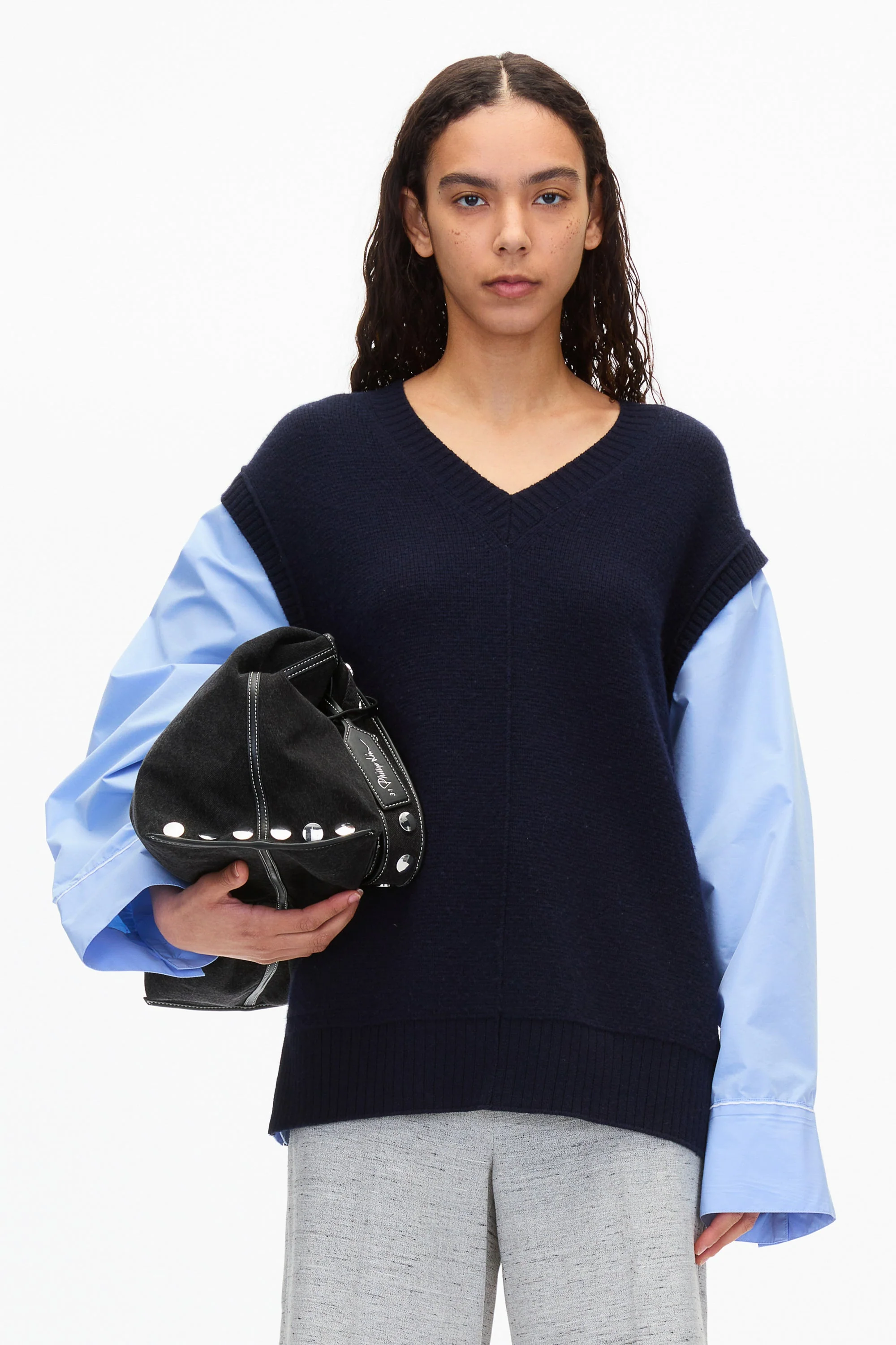 Oversized Knit Vest with Poplin Sleeves - Image 2