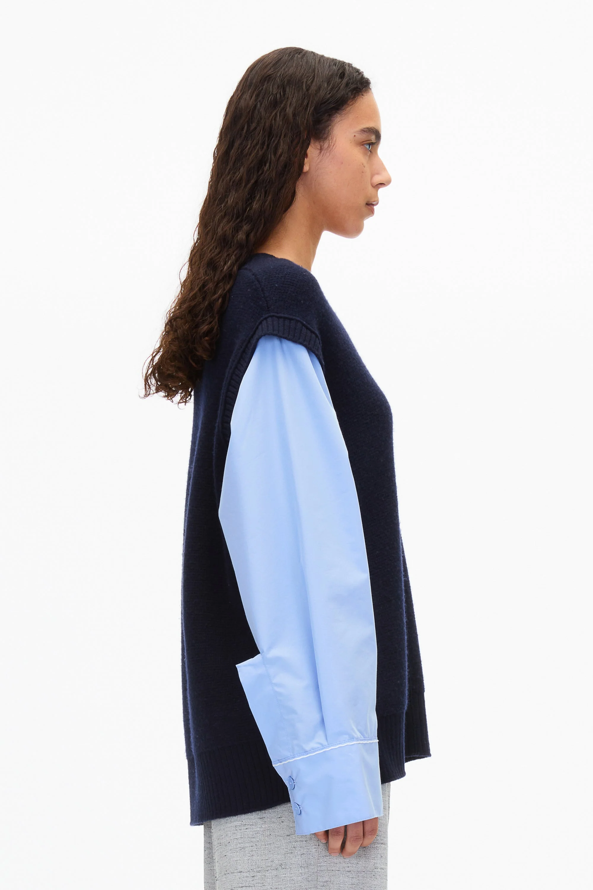 Oversized Knit Vest with Poplin Sleeves - Image 3