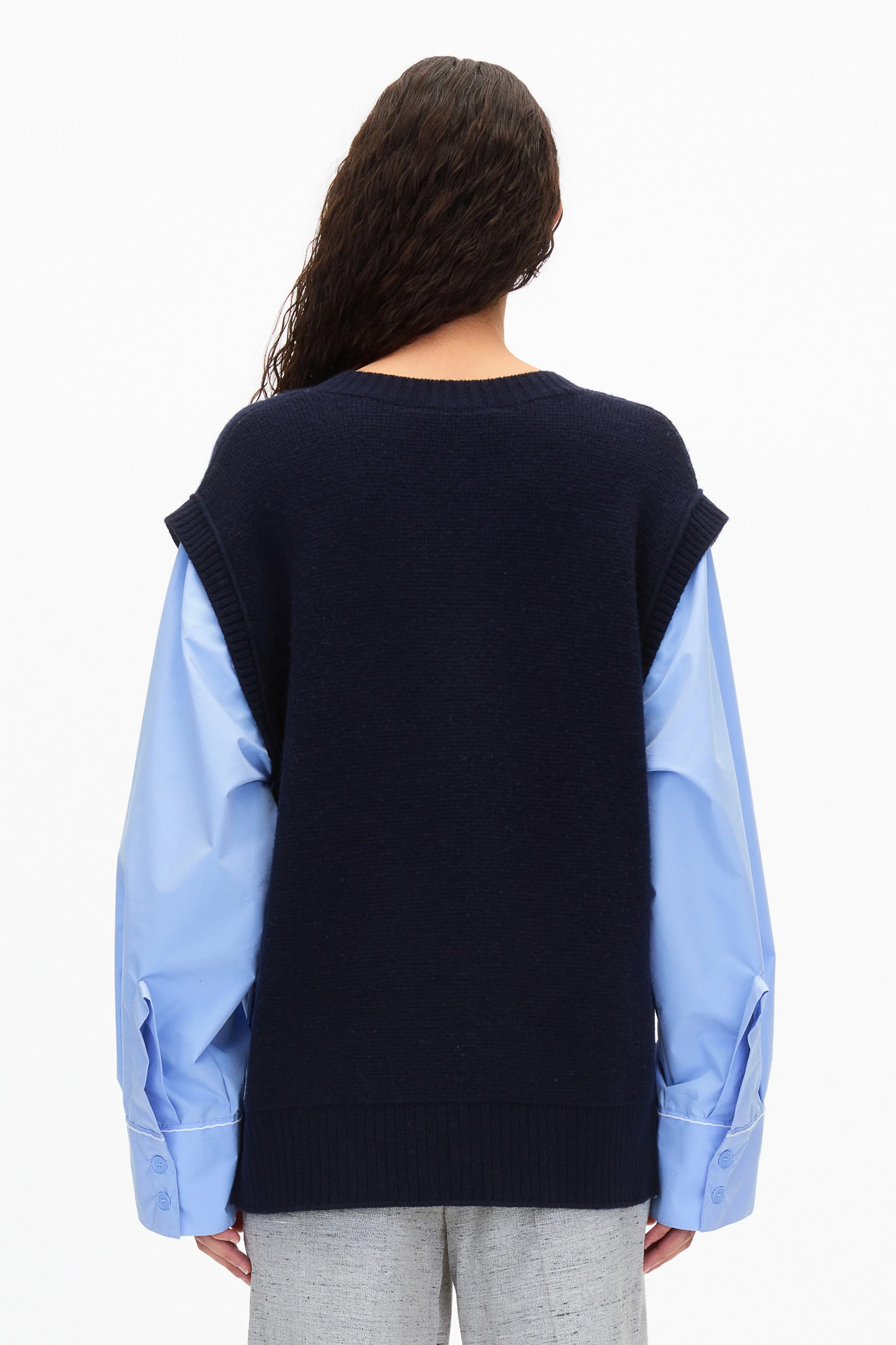 Oversized Knit Vest with Poplin Sleeves - Image 4