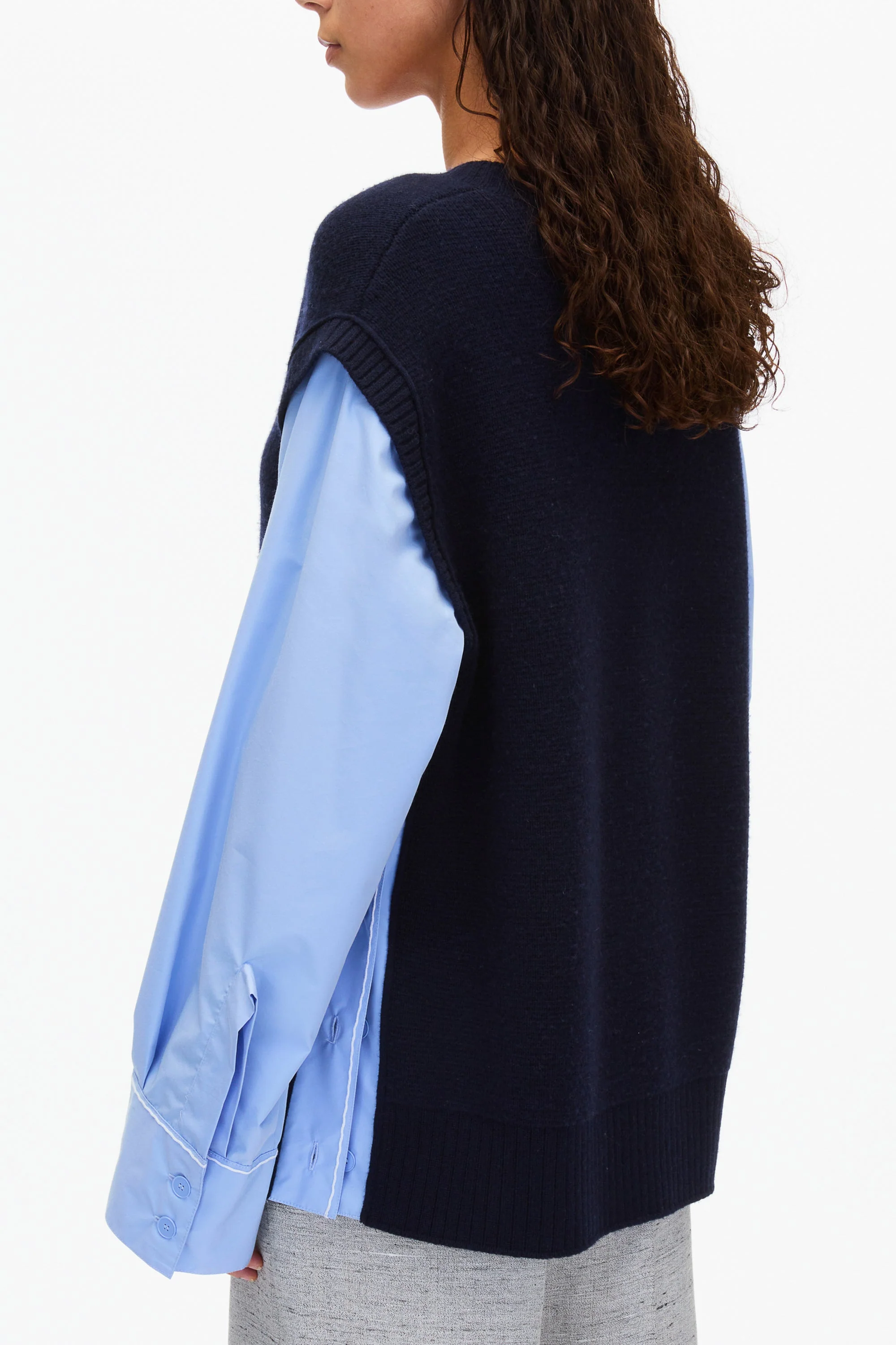 Oversized Knit Vest with Poplin Sleeves - Image 5