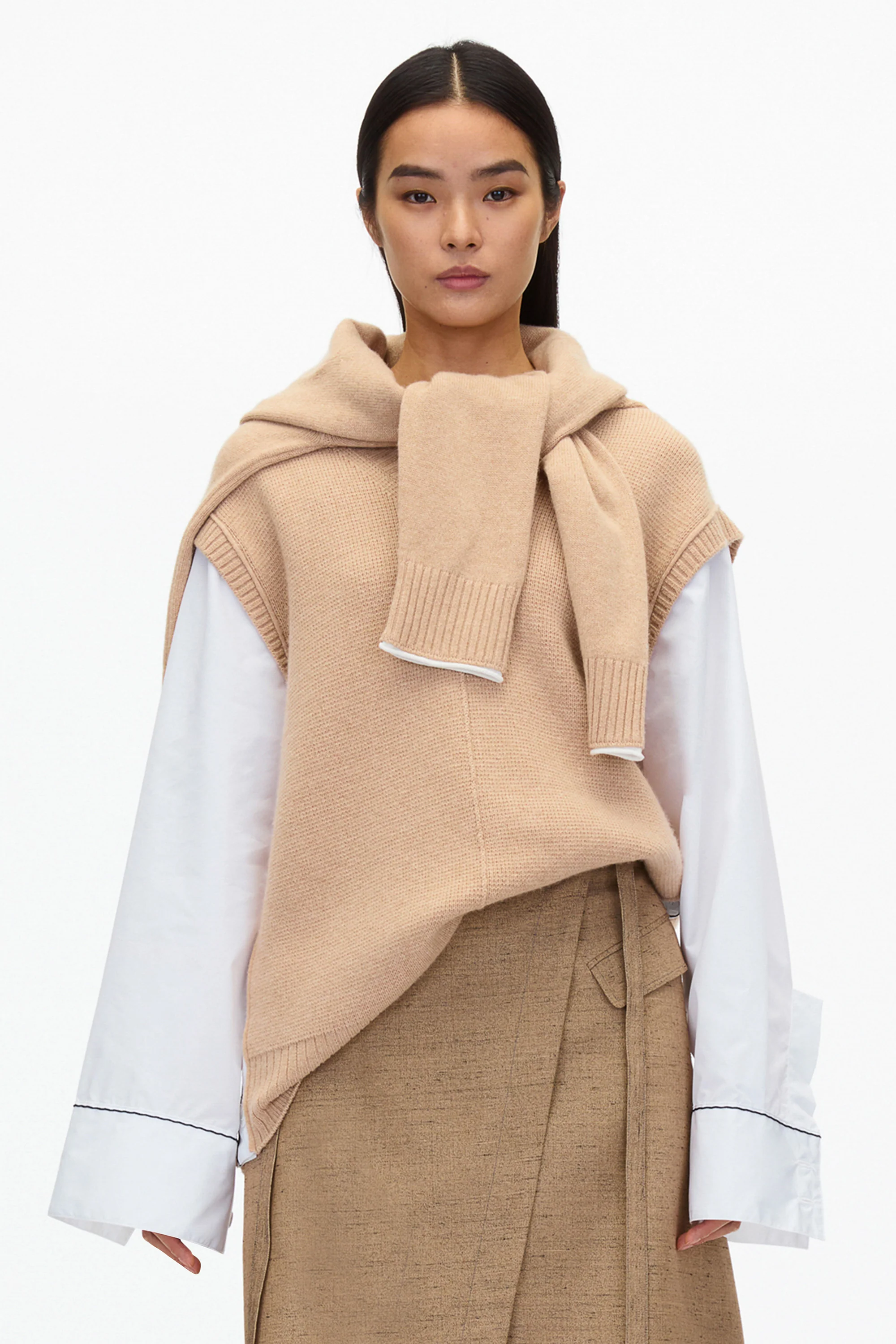 Oversized Knit Vest with Poplin Sleeves - Image 7