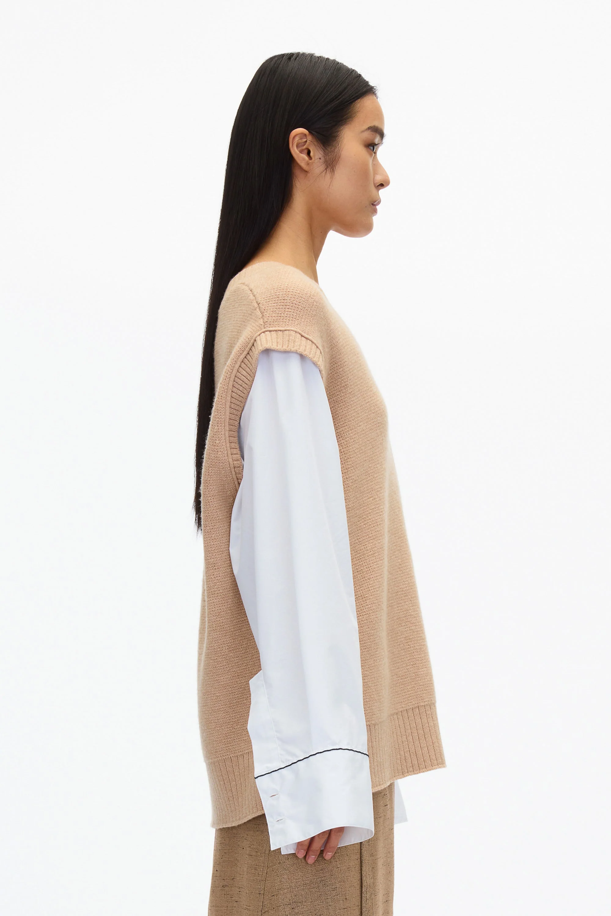 Oversized Knit Vest with Poplin Sleeves - Image 8