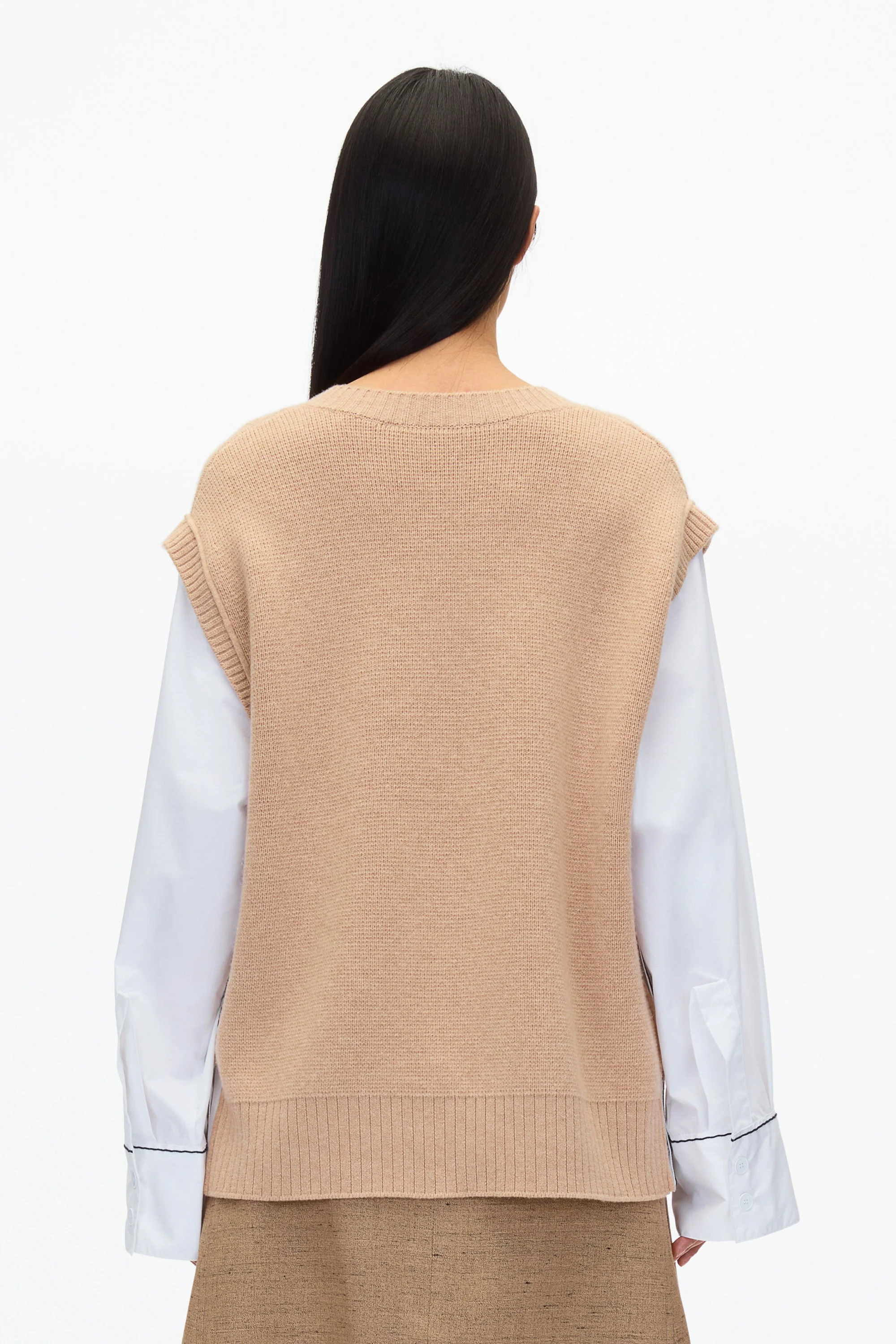Oversized Knit Vest with Poplin Sleeves - Image 9