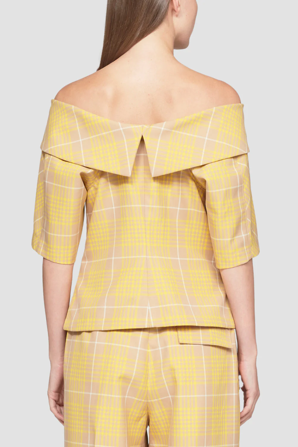 Plaid Jacquard Off Shoulder Zip-Front Top - Image 3