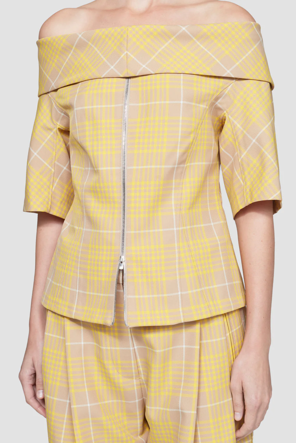 Plaid Jacquard Off Shoulder Zip-Front Top - Image 4