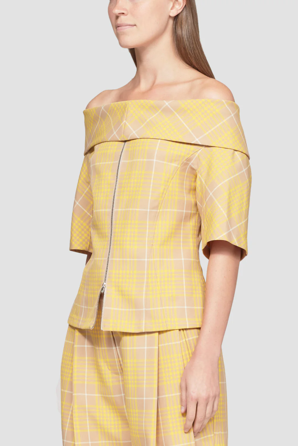 Plaid Jacquard Off Shoulder Zip-Front Top - Image 5