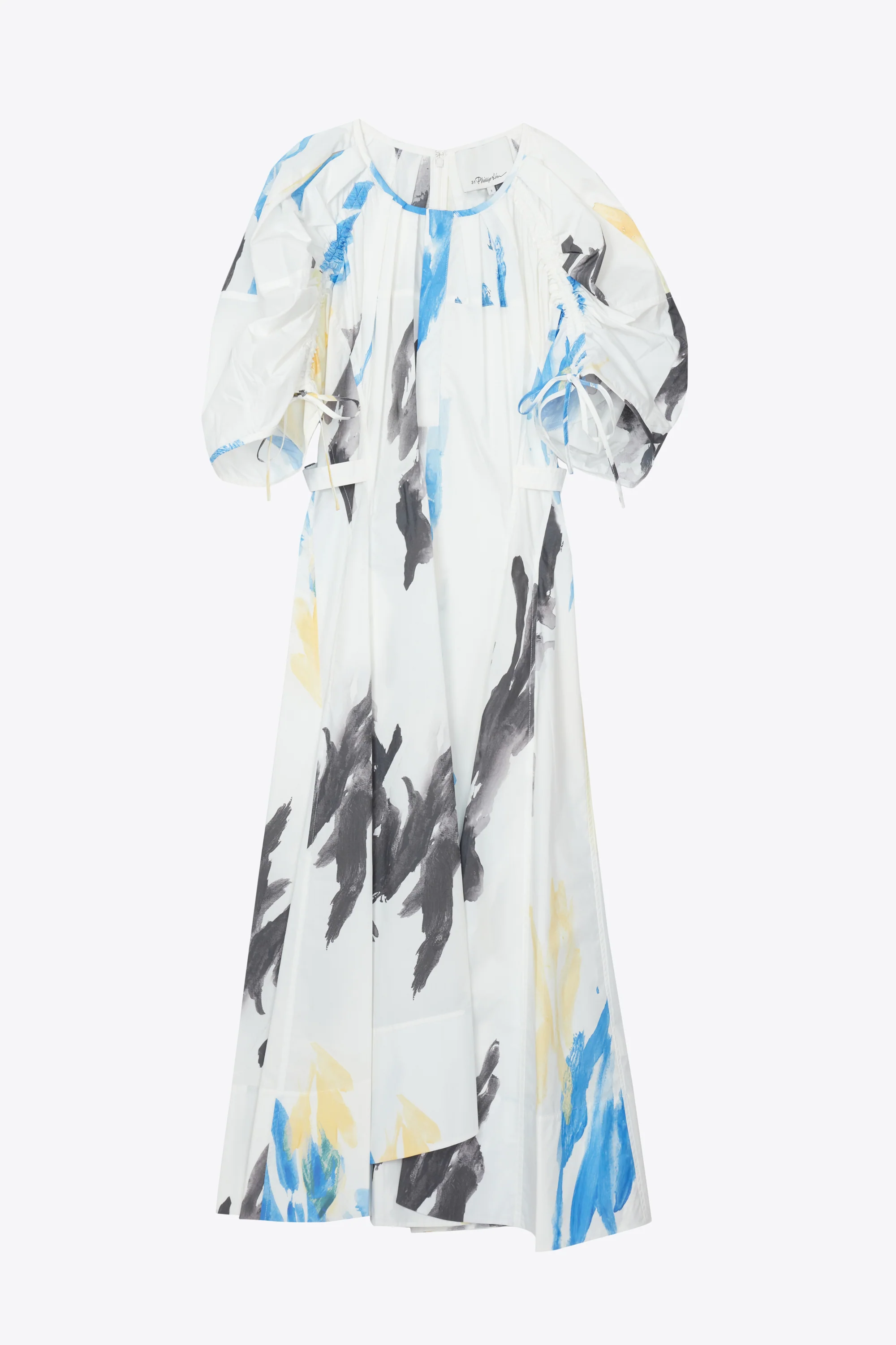 Printed Poplin Puff Sleeve Dress With Shirring Detail