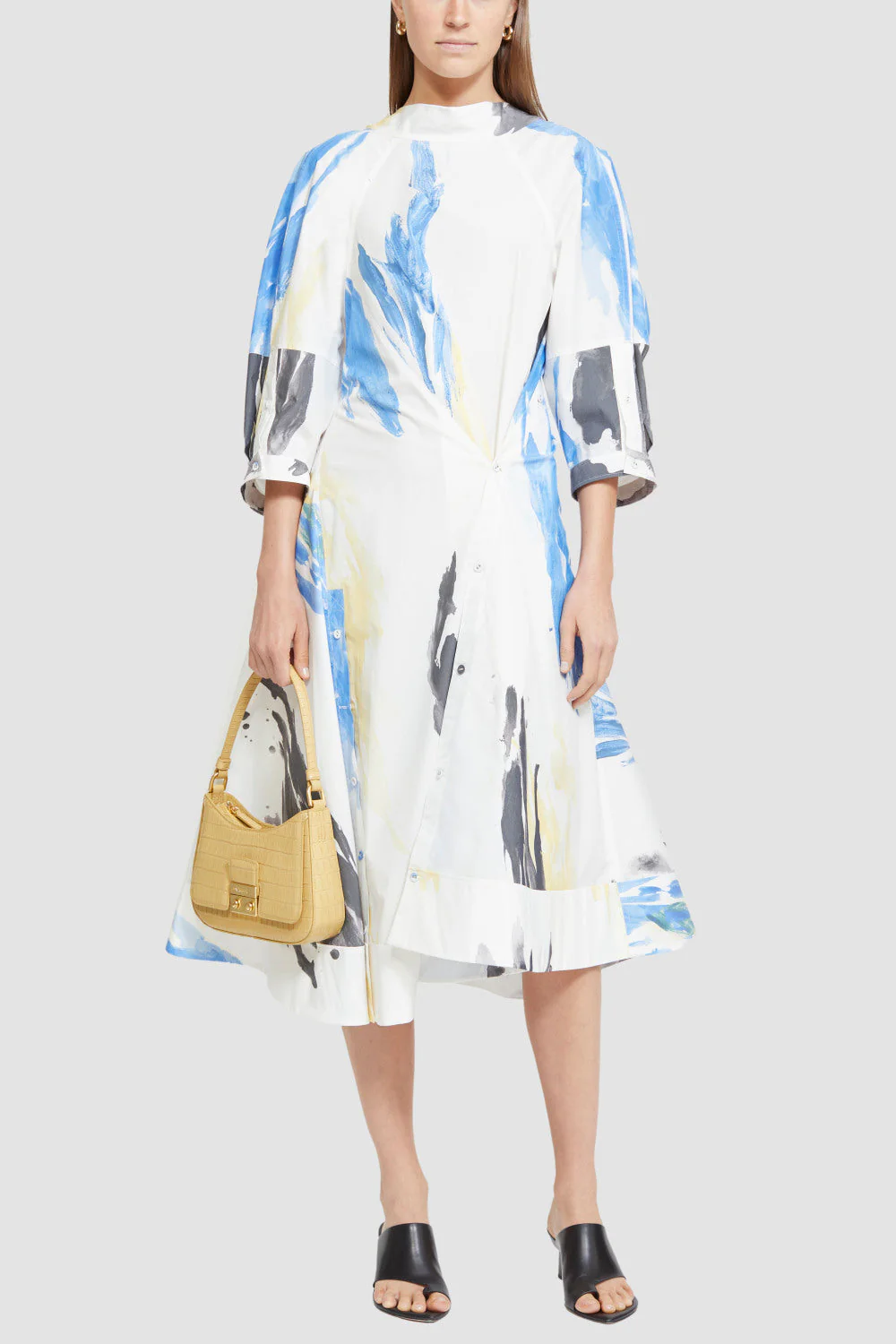 Printed Puff Ss Poplin Draped Dress