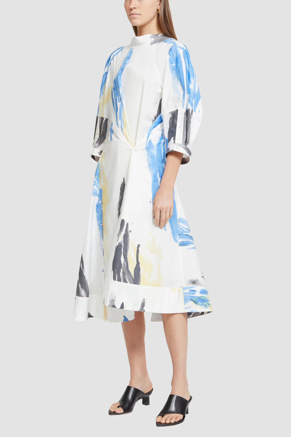 Printed Puff Ss Poplin Draped Dress - Image 3