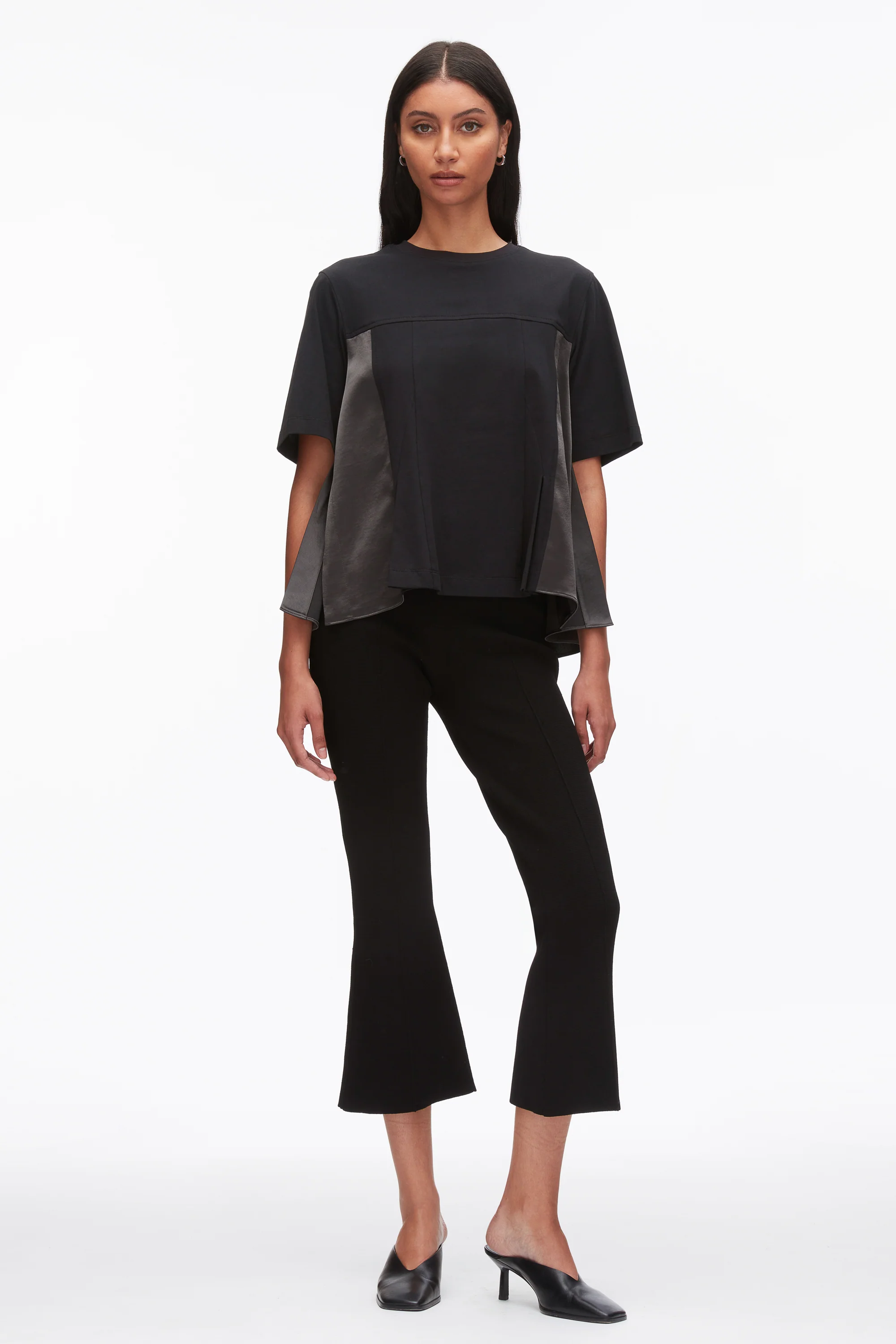 Puff Sleeve Flounce T-Shirt with Satin Panels