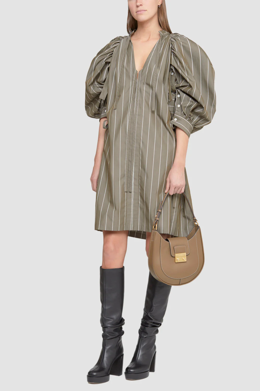 Puff Sleeve Tie Frnt Striped Poplin Dress