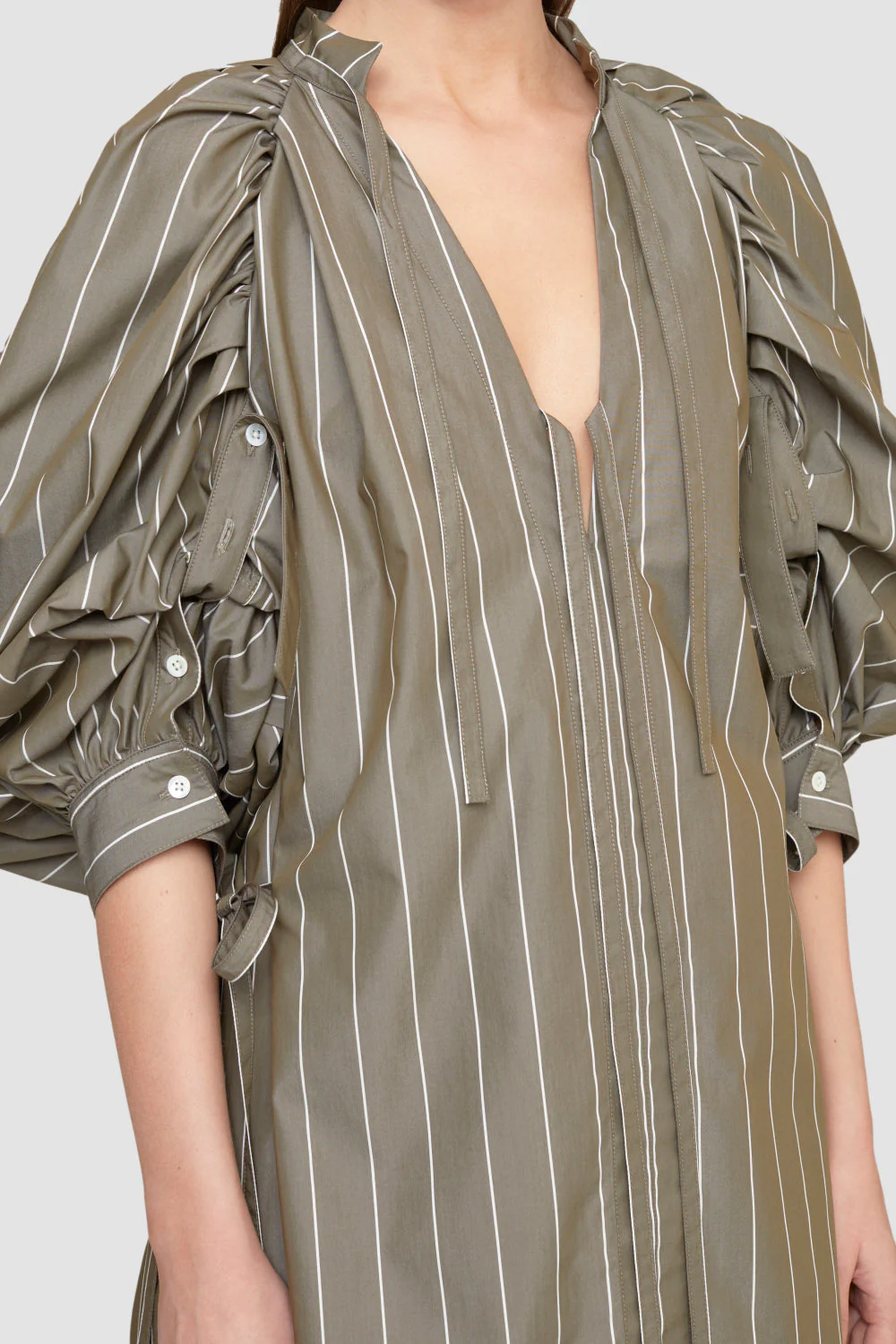 Puff Sleeve Tie Frnt Striped Poplin Dress - Image 2