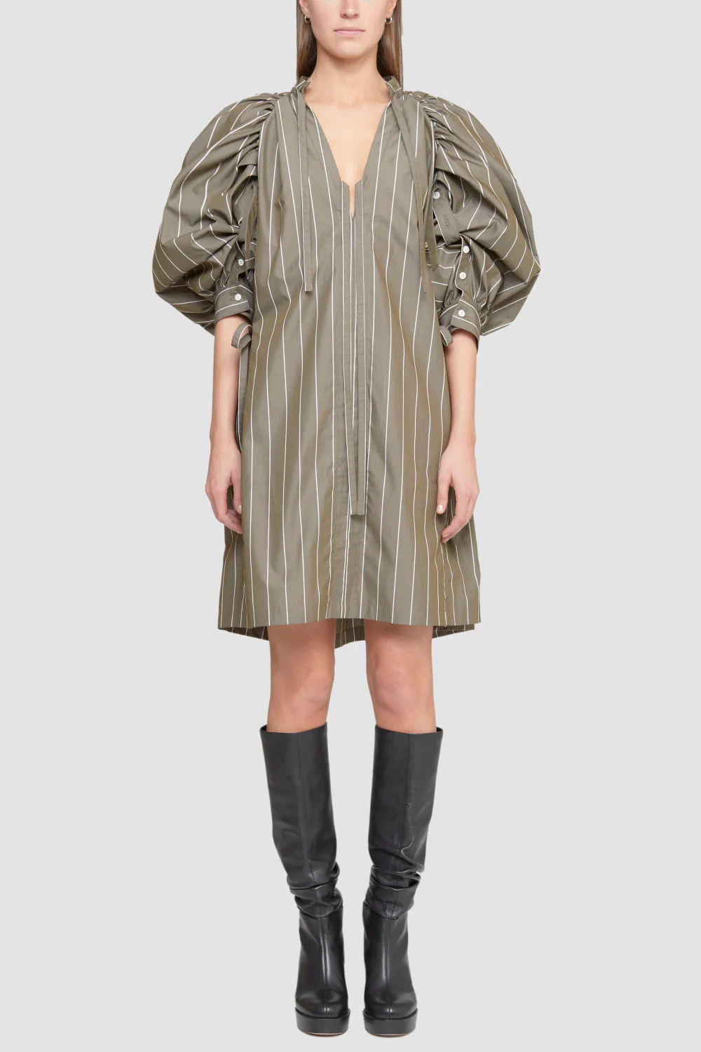 Puff Sleeve Tie Frnt Striped Poplin Dress - Image 3