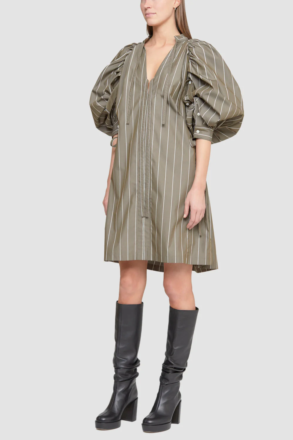 Puff Sleeve Tie Frnt Striped Poplin Dress - Image 4