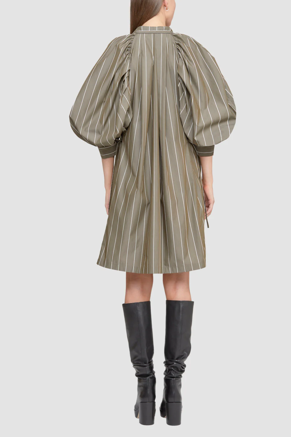 Puff Sleeve Tie Frnt Striped Poplin Dress - Image 5