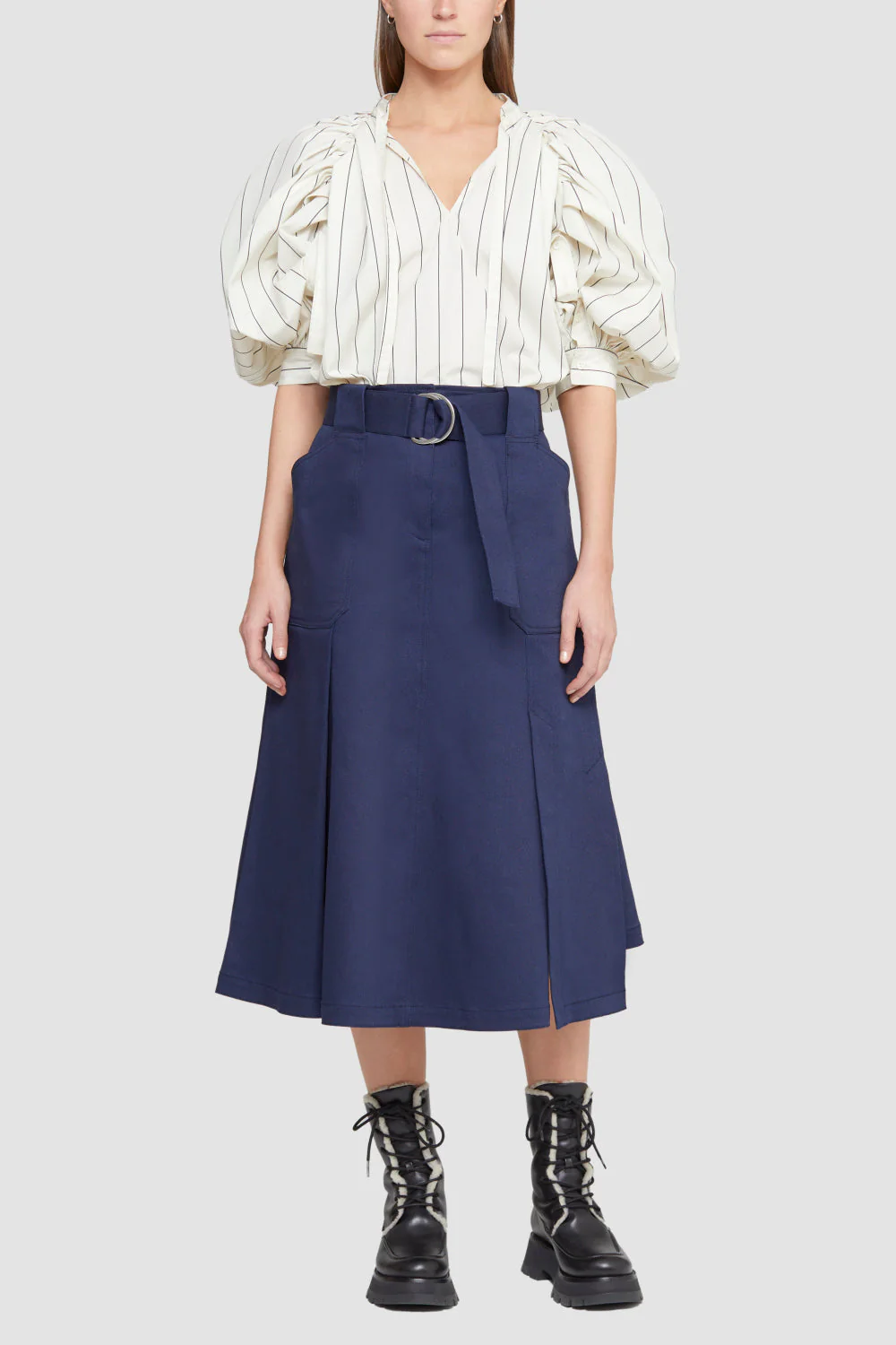 Puff Sleeve Tie Frnt Striped Poplin Top