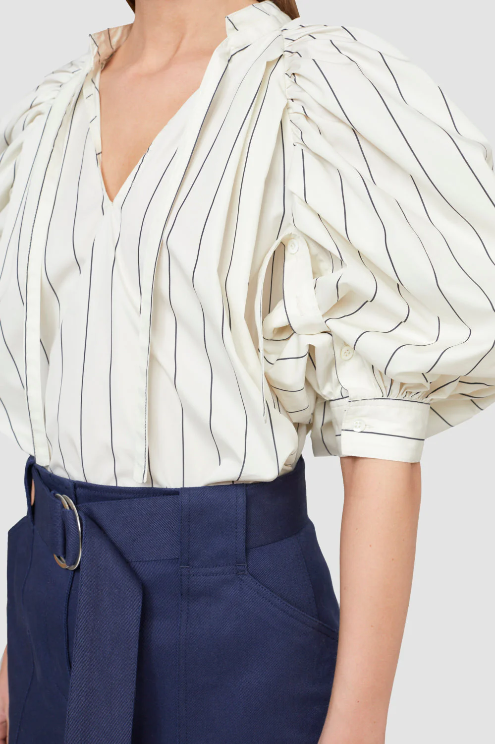 Puff Sleeve Tie Frnt Striped Poplin Top - Image 5
