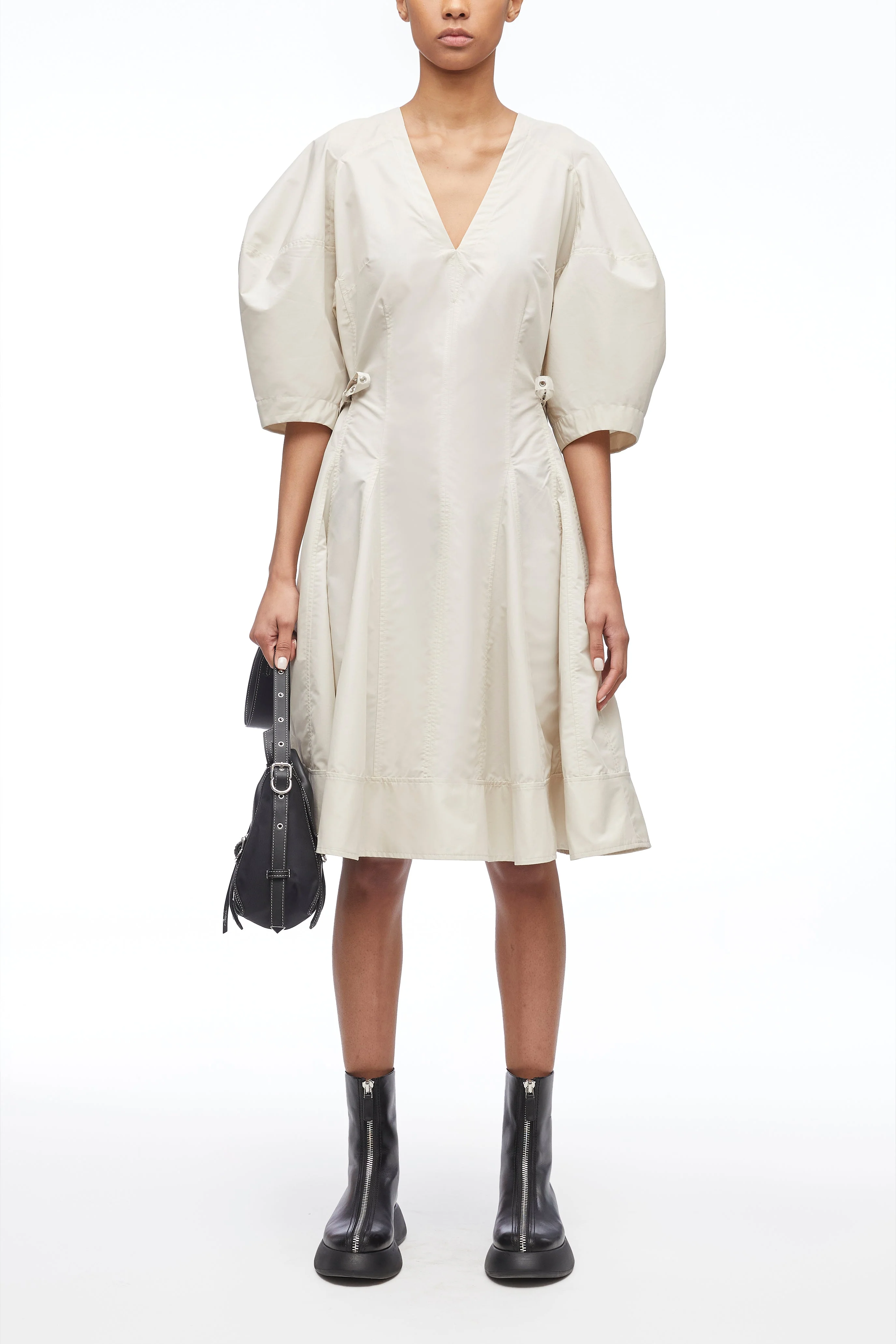 Puff Sleeve V-Neck Short Godet Dress