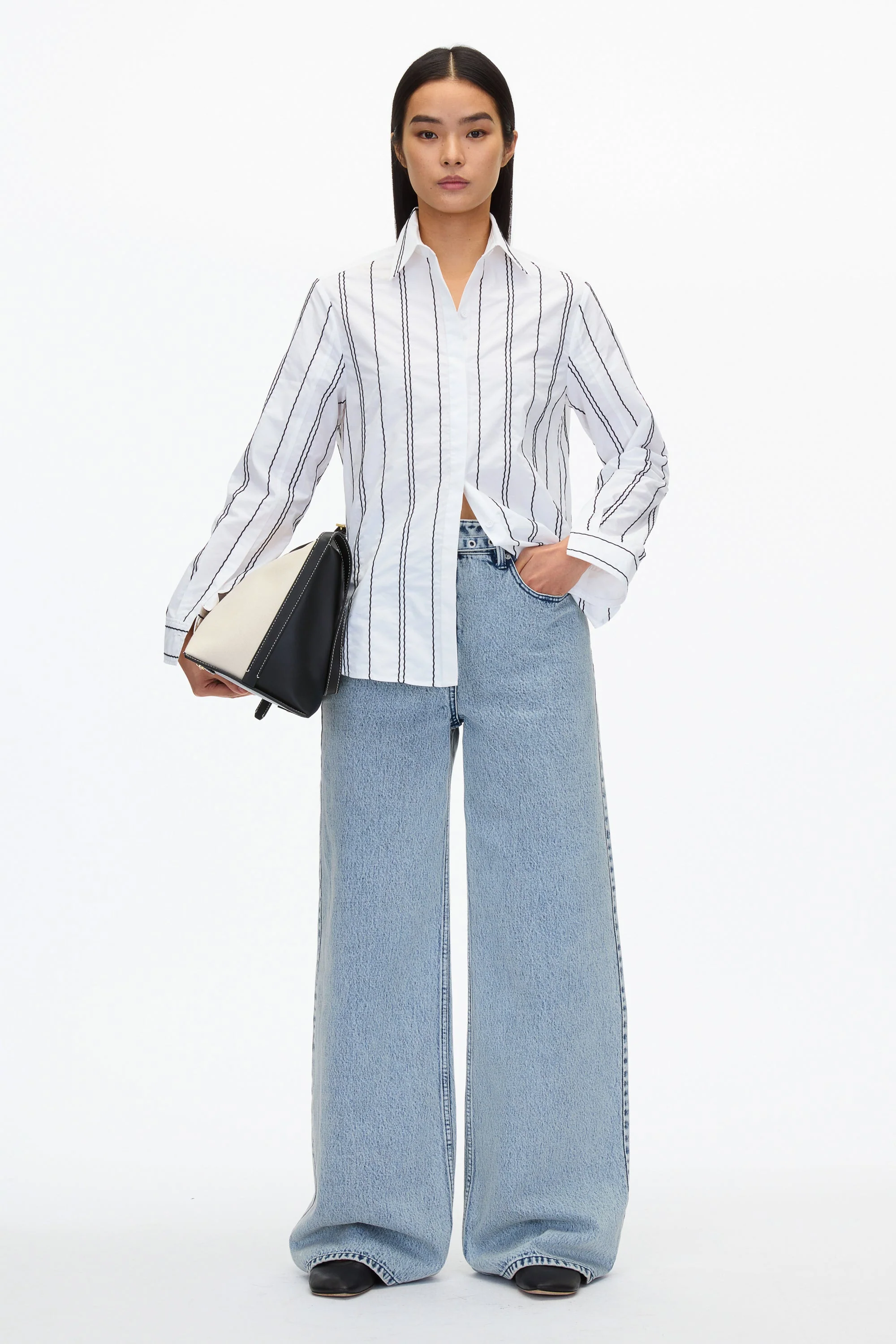 White Relax Fit Poplin Shirt with Wave Embroidery