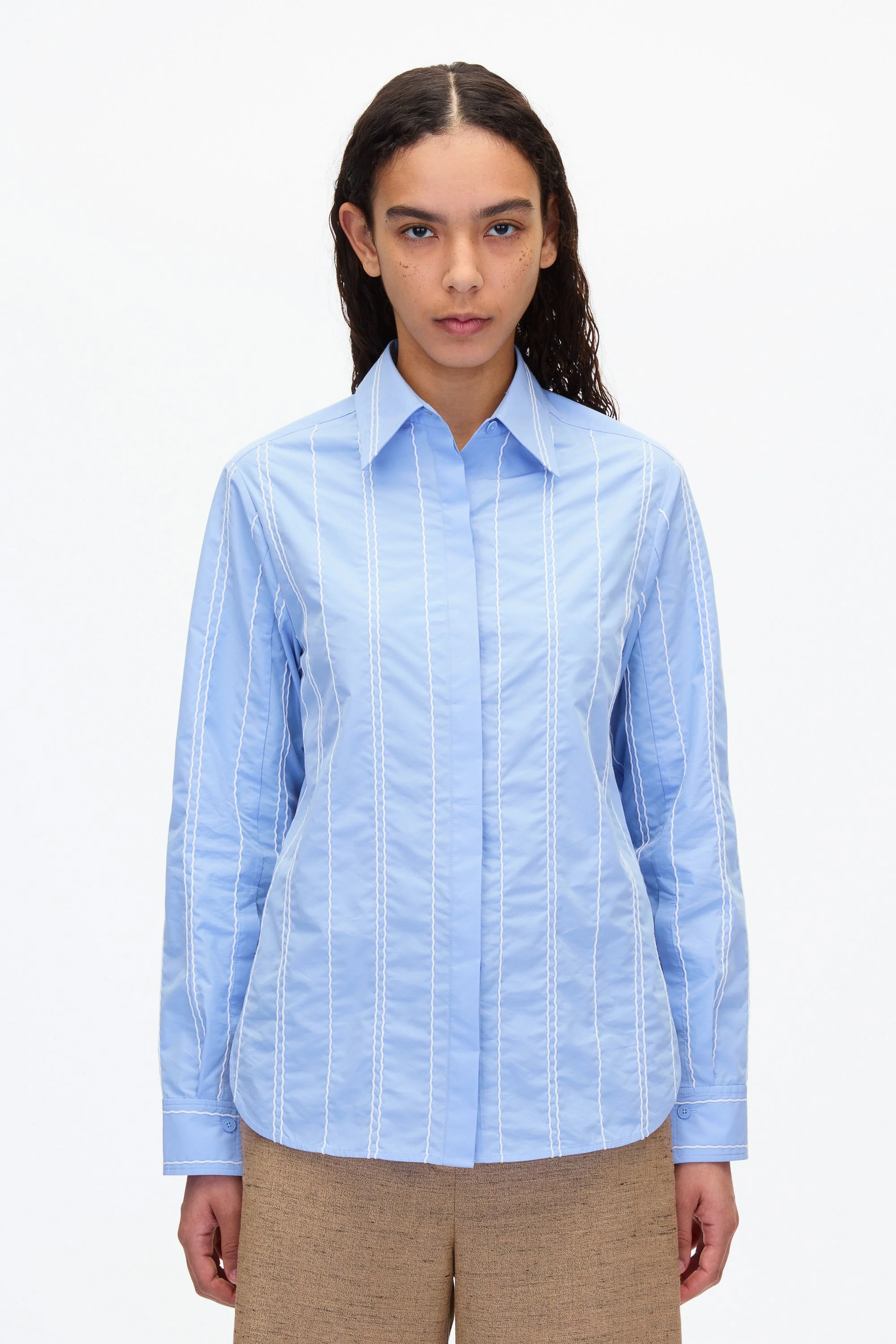 White Relax Fit Poplin Shirt with Wave Embroidery - Image 10