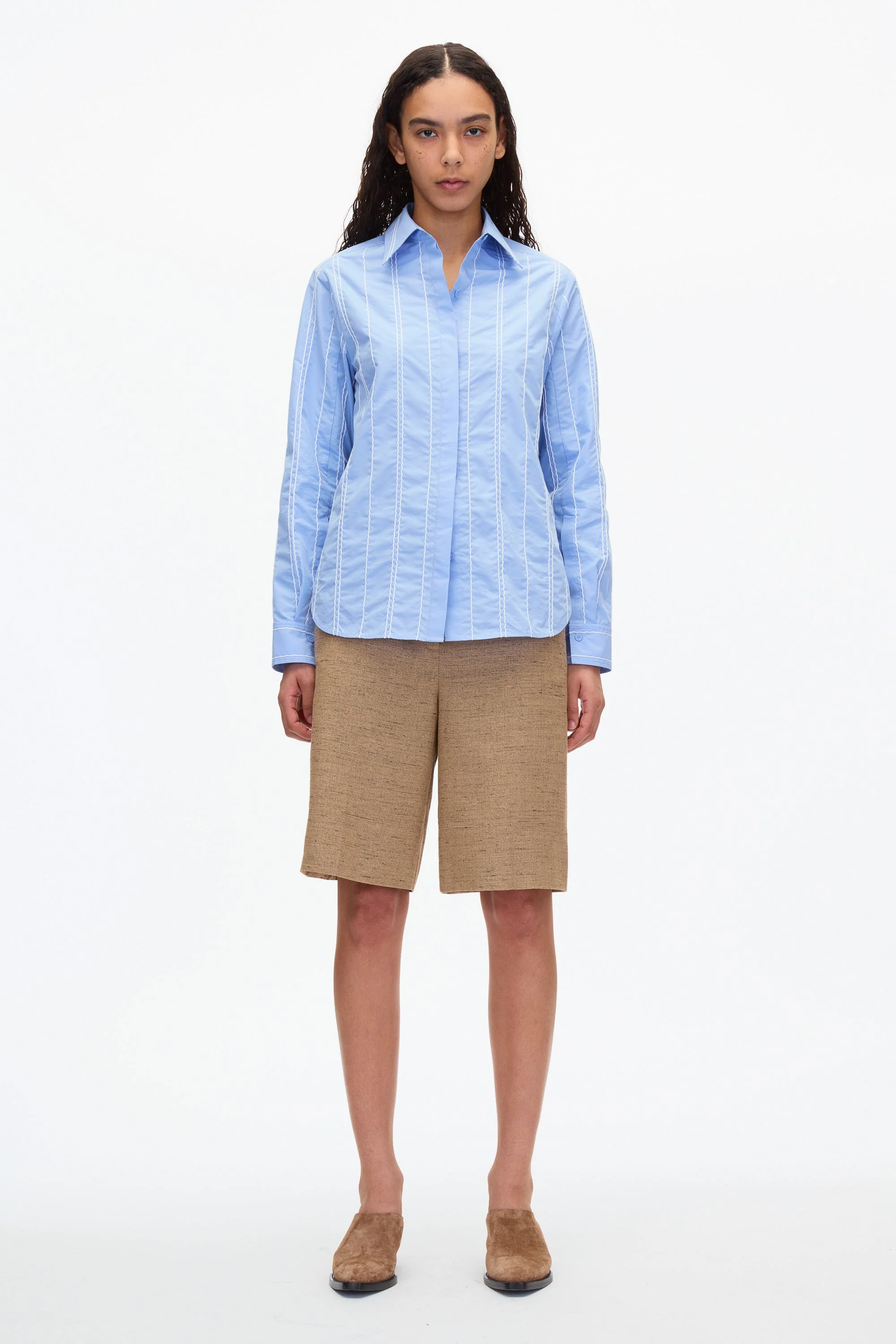 White Relax Fit Poplin Shirt with Wave Embroidery - Image 13