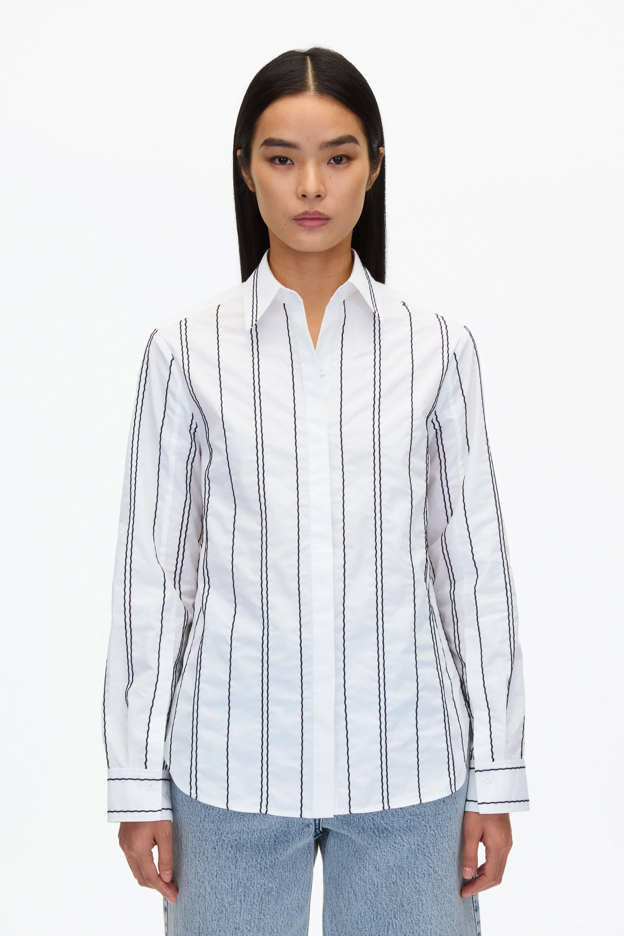 White Relax Fit Poplin Shirt with Wave Embroidery - Image 2