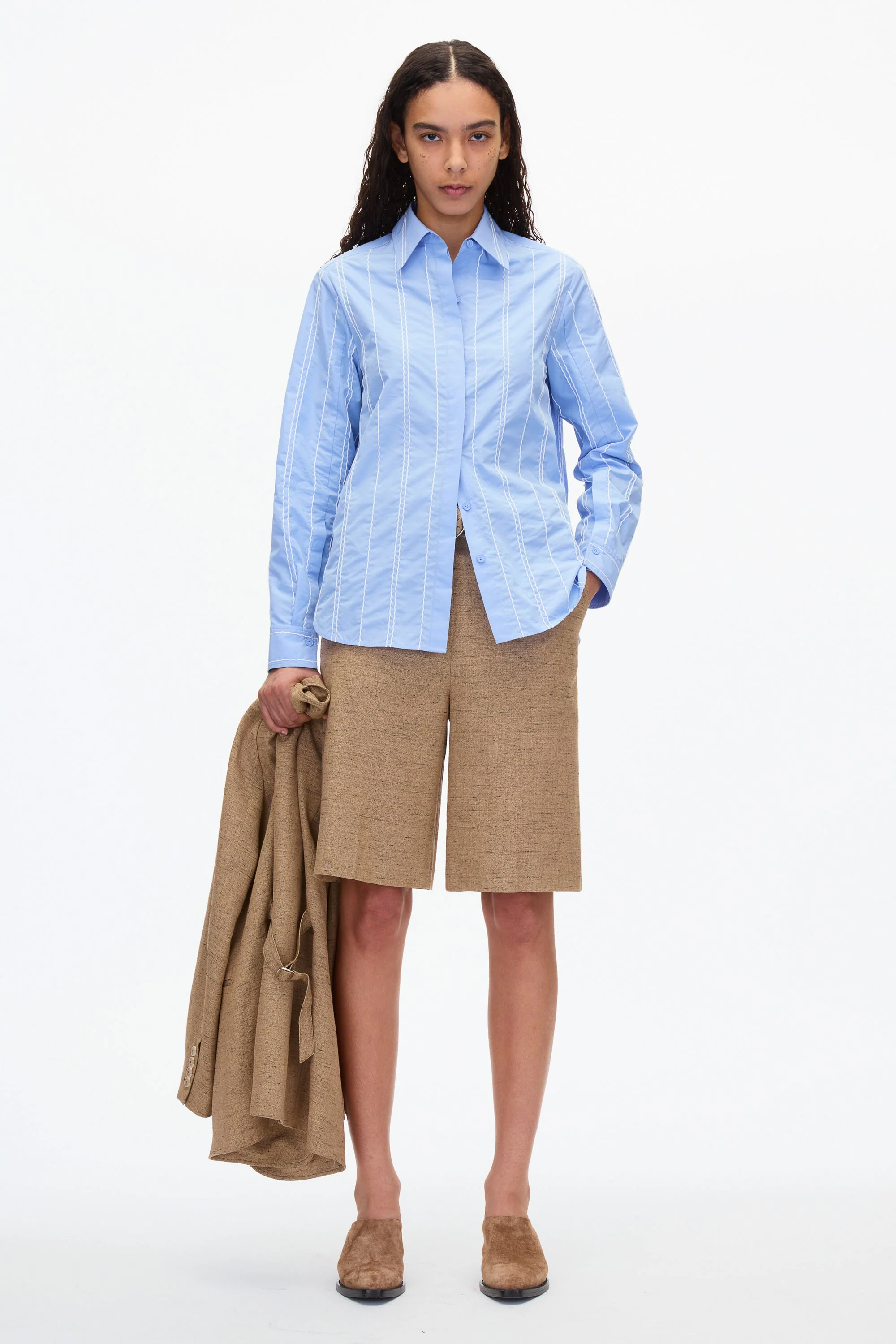 White Relax Fit Poplin Shirt with Wave Embroidery - Image 9
