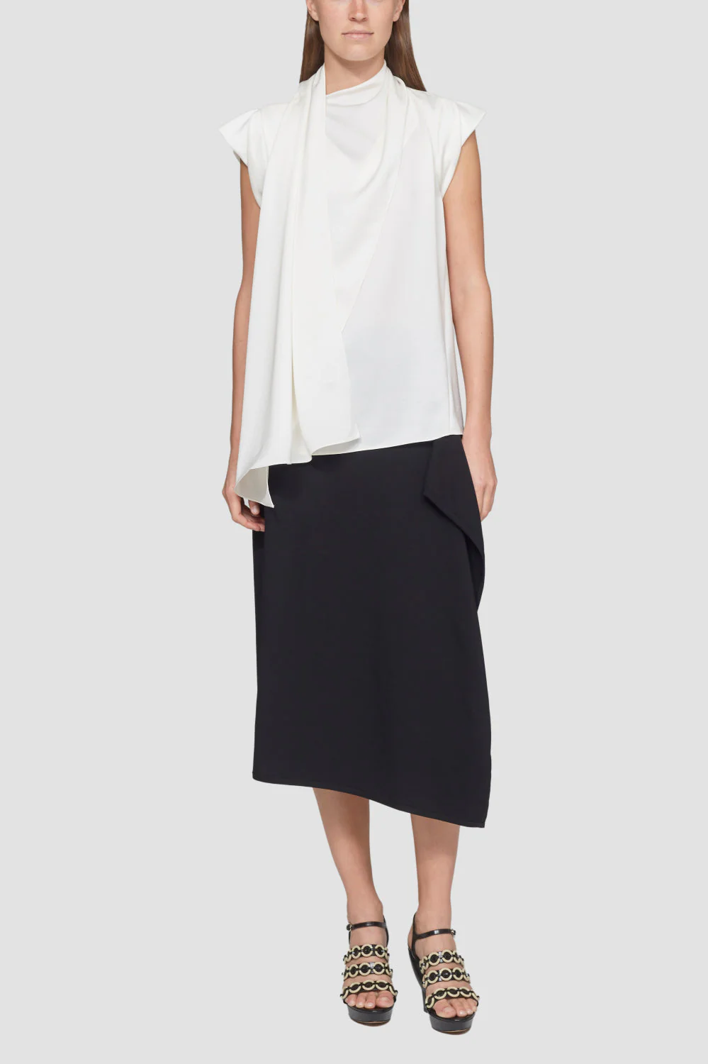 Satin Scarf-Neck Twisted Sleeve Blouse