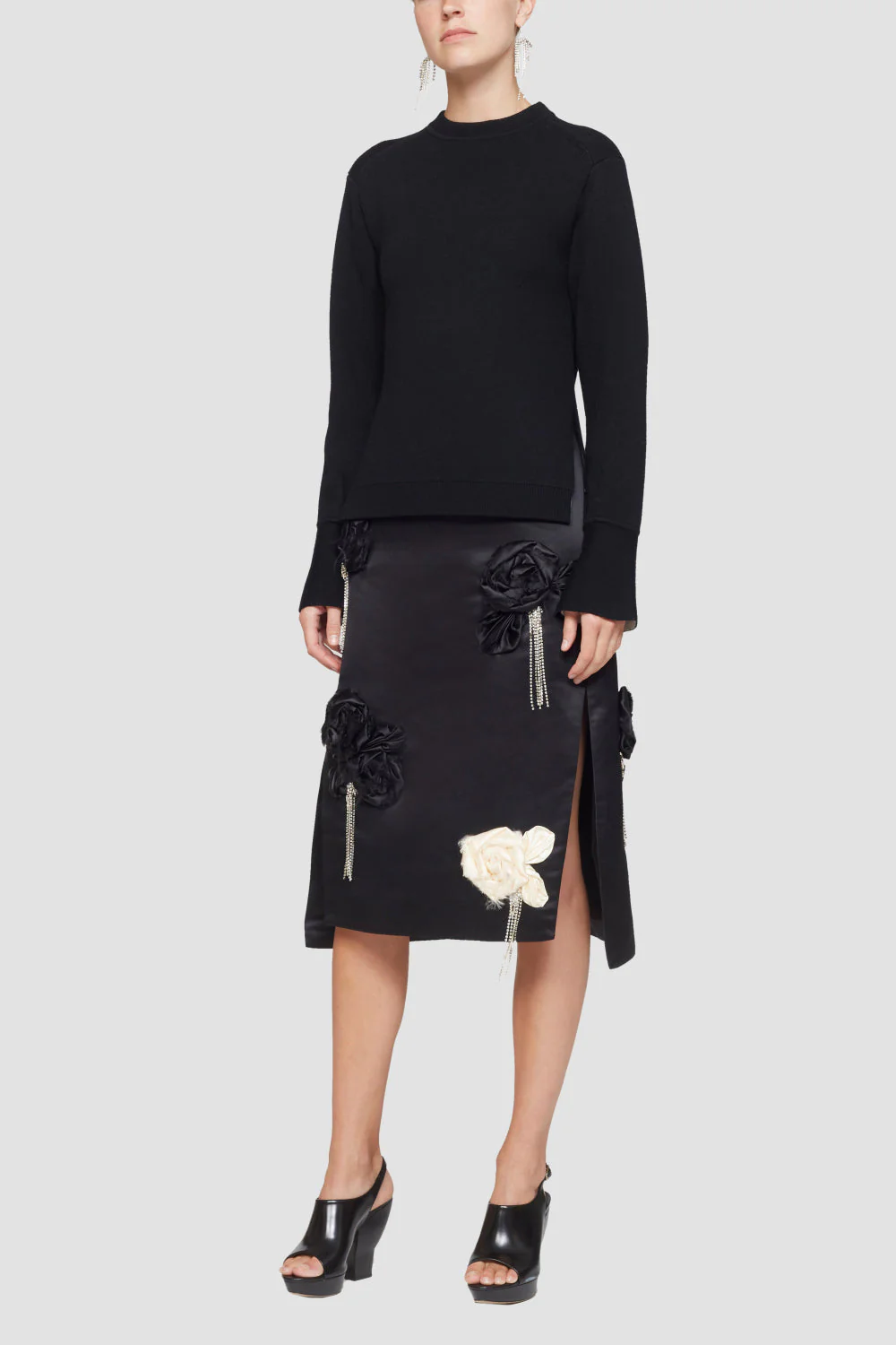 Satin Skirt W Floral Emb